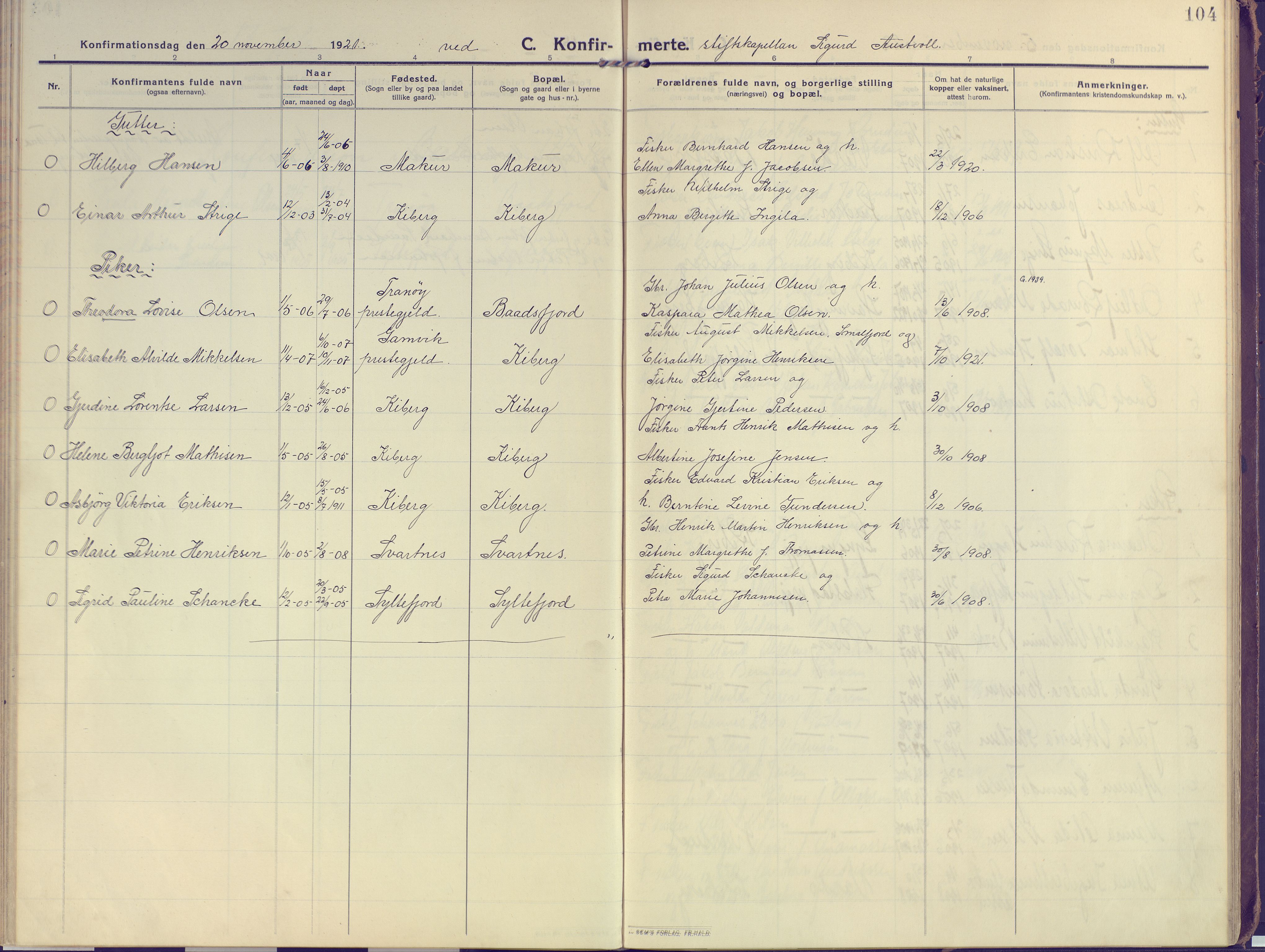 Vardø sokneprestkontor, AV/SATØ-S-1332/H/Ha/L0013kirke: Parish register (official) no. 13, 1912-1928, p. 104