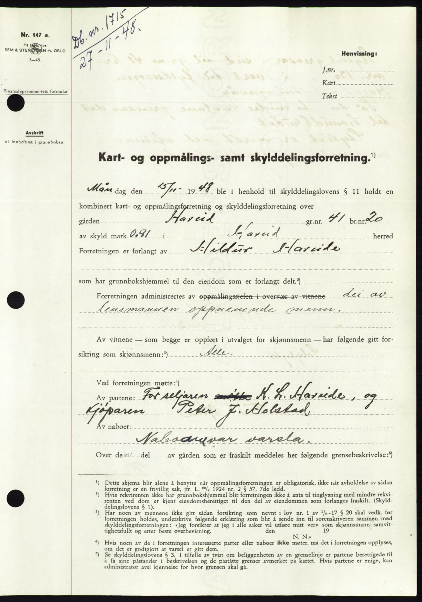 Søre Sunnmøre sorenskriveri, AV/SAT-A-4122/1/2/2C/L0083: Mortgage book no. 9A, 1948-1949, Diary no: : 1715/1948