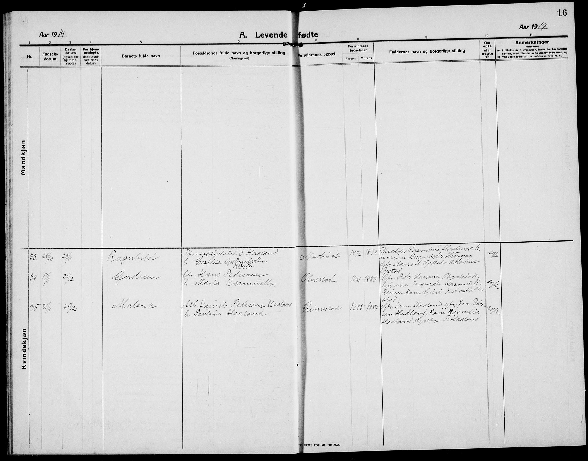 Hå sokneprestkontor, AV/SAST-A-101801/001/30BB/L0007: Parish register (copy) no. B 7, 1912-1939, p. 16