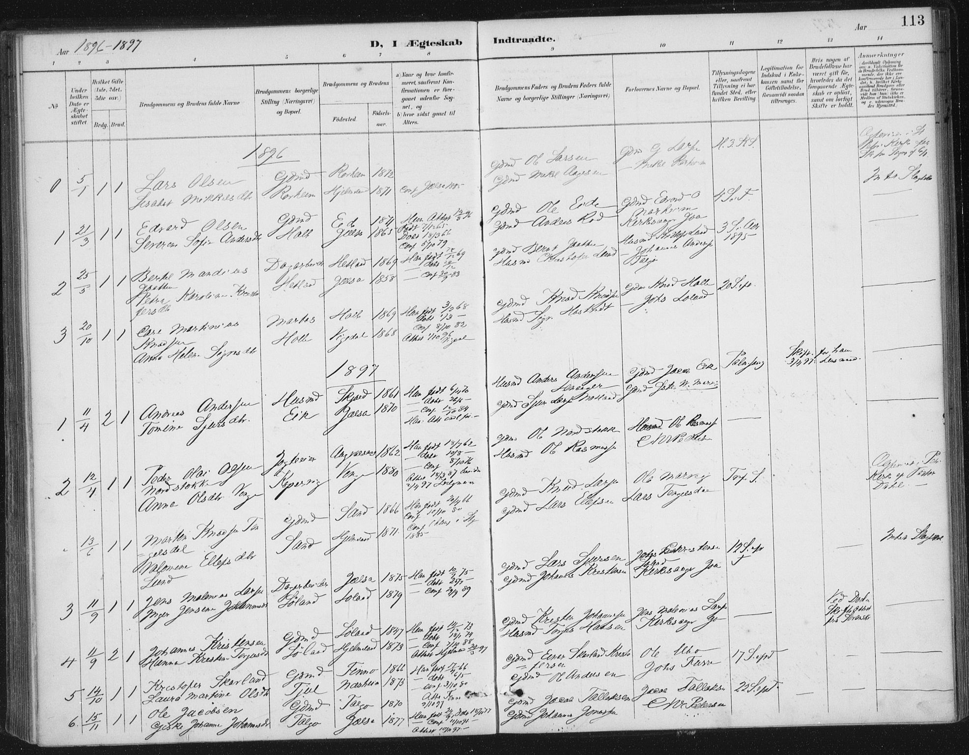 Nedstrand sokneprestkontor, AV/SAST-A-101841/01/IV: Parish register (official) no. A 13, 1887-1915, p. 113