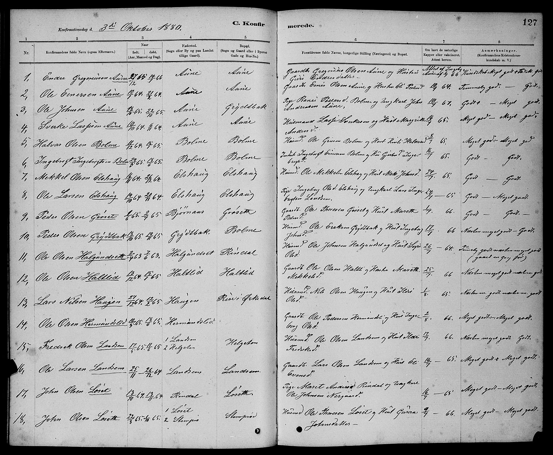 Ministerialprotokoller, klokkerbøker og fødselsregistre - Møre og Romsdal, AV/SAT-A-1454/598/L1077: Parish register (copy) no. 598C02, 1879-1891, p. 127