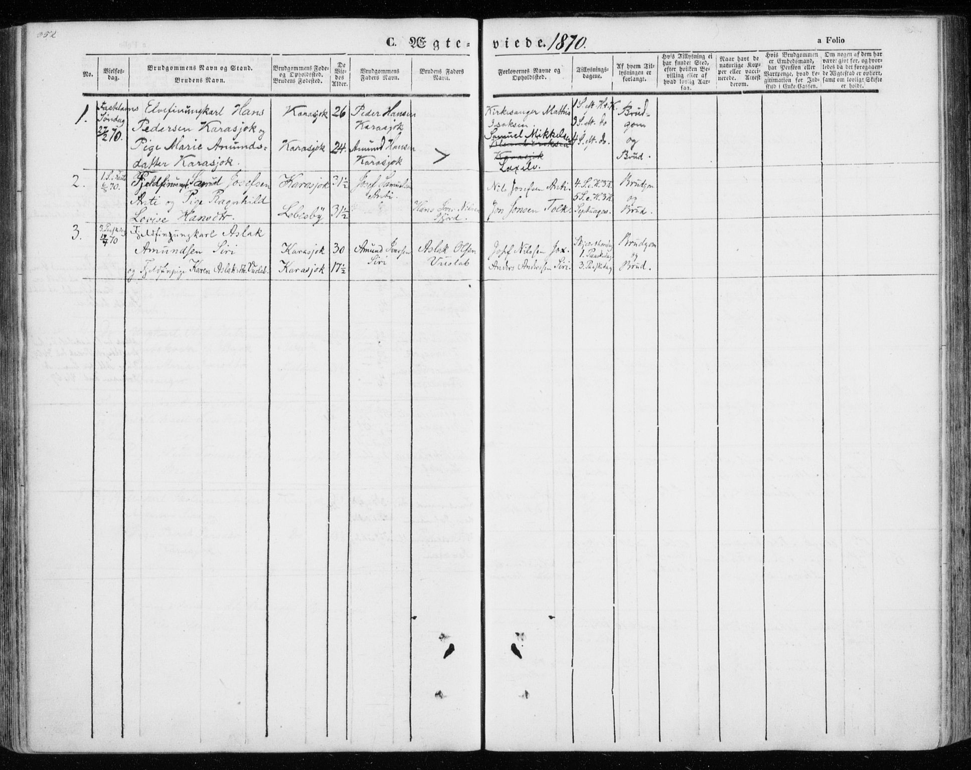 Kistrand/Porsanger sokneprestembete, AV/SATØ-S-1351/H/Ha/L0012.kirke: Parish register (official) no. 12, 1843-1871, p. 352-353