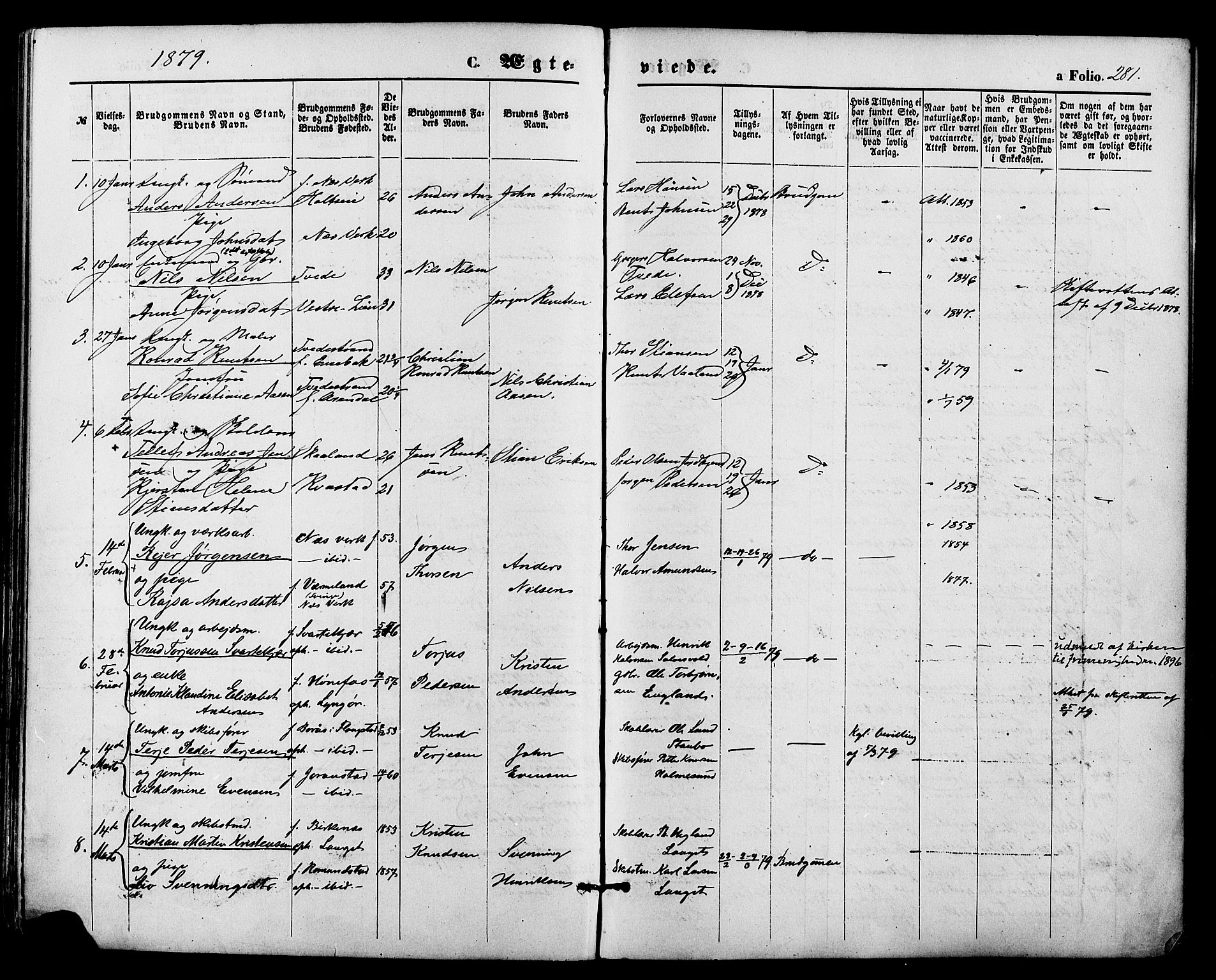 Holt sokneprestkontor, AV/SAK-1111-0021/F/Fa/L0010: Parish register (official) no. A 10, 1872-1885, p. 281