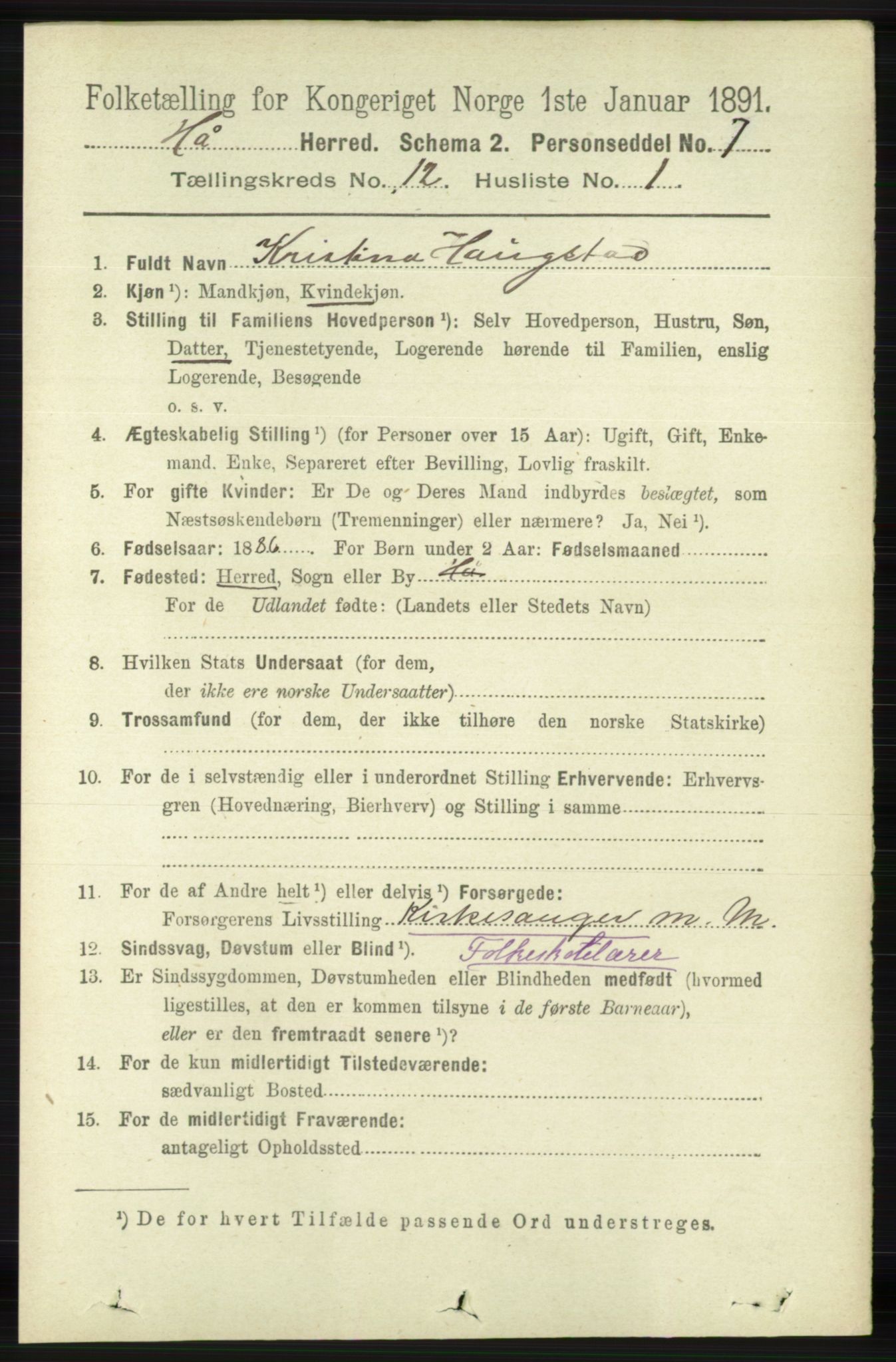 RA, 1891 census for 1119 Hå, 1891, p. 2889