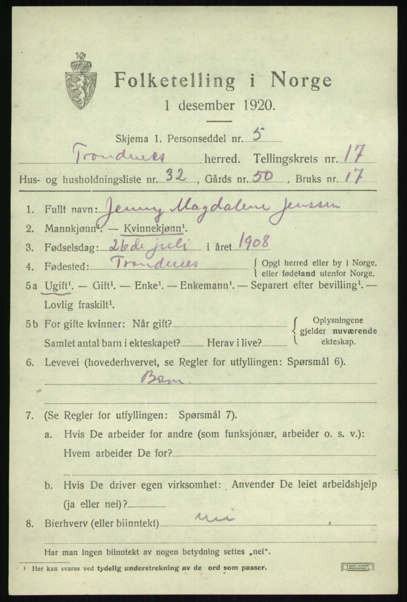 SATØ, 1920 census for Trondenes, 1920, p. 12227