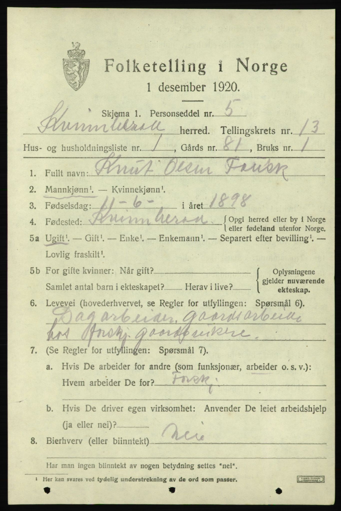 SAB, 1920 census for Kvinnherad, 1920, p. 7632