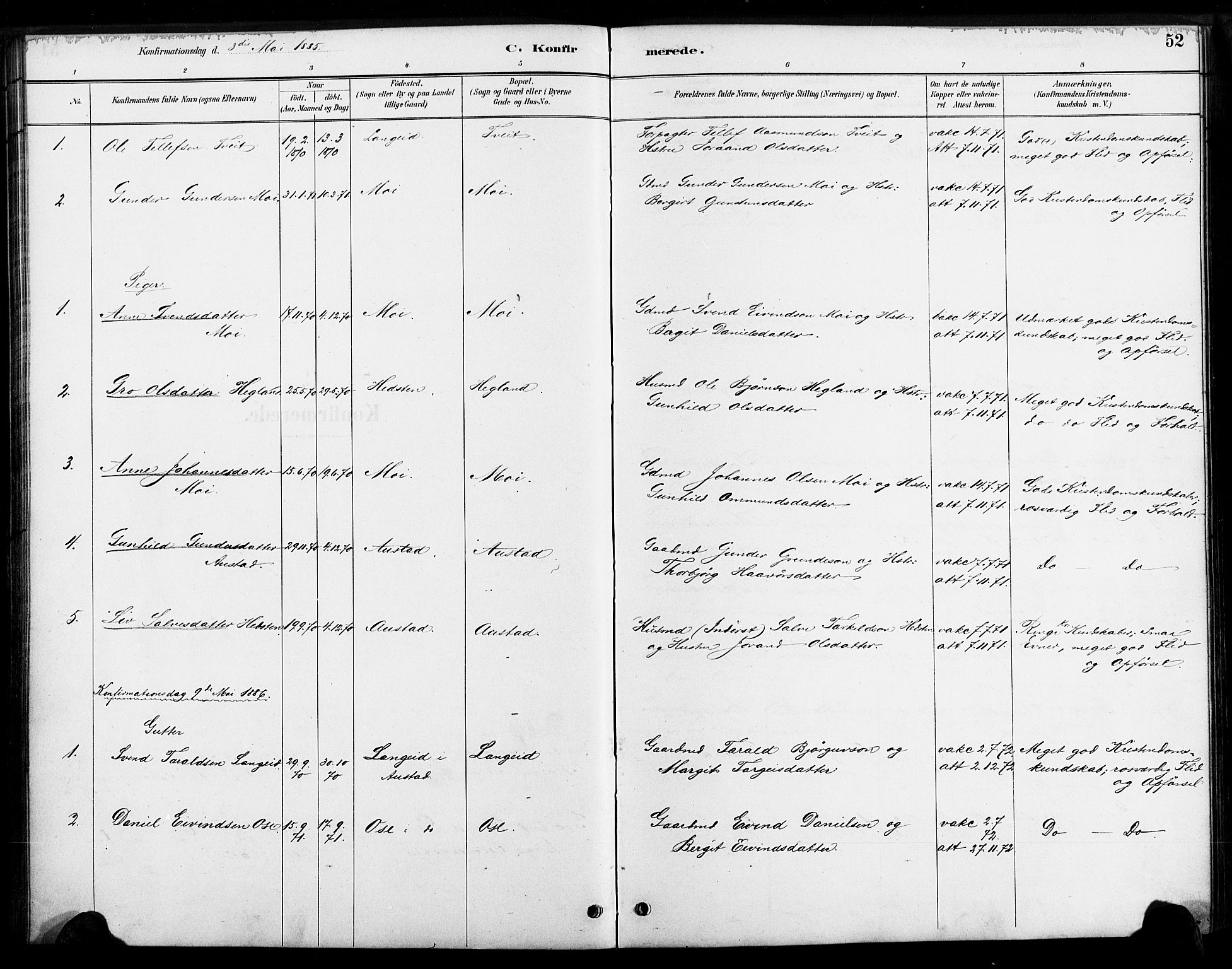 Bygland sokneprestkontor, SAK/1111-0006/F/Fa/Faa/L0001: Parish register (official) no. A 1, 1885-1908, p. 52