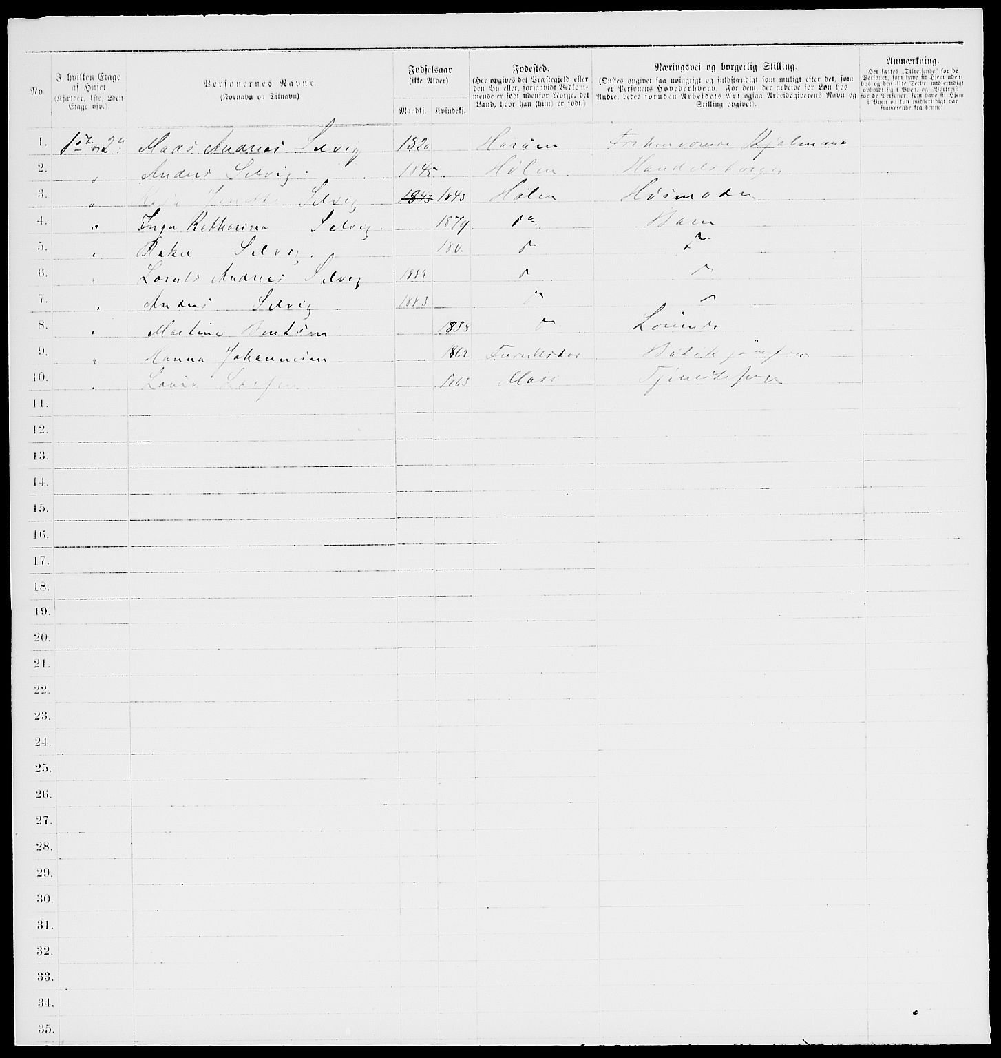 RA, 1885 census for 0204 Hølen, 1885, p. 6