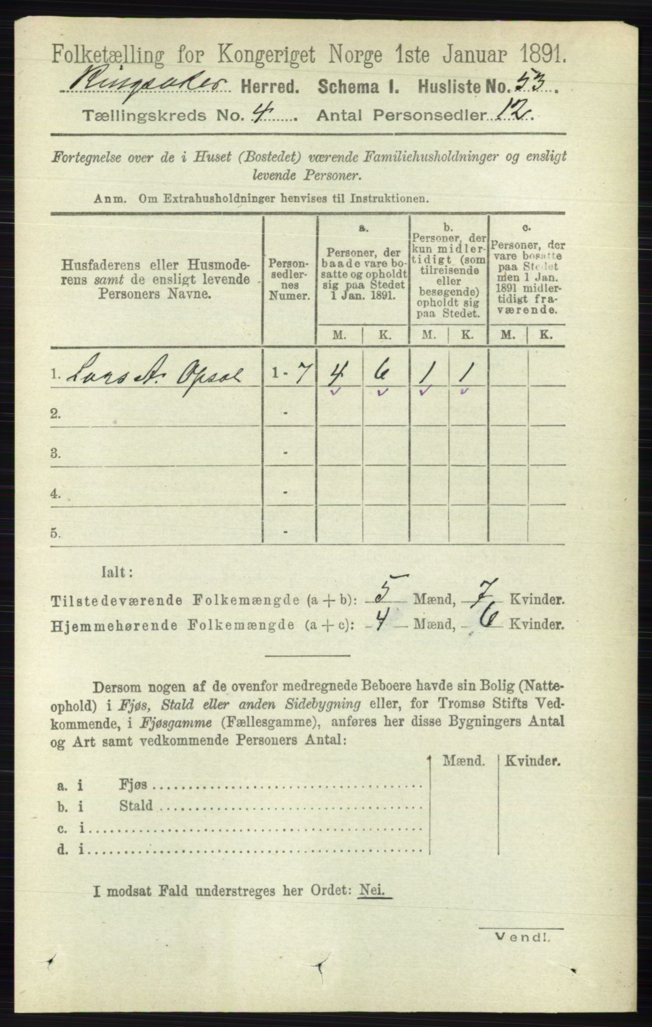 RA, 1891 census for 0412 Ringsaker, 1891, p. 1734