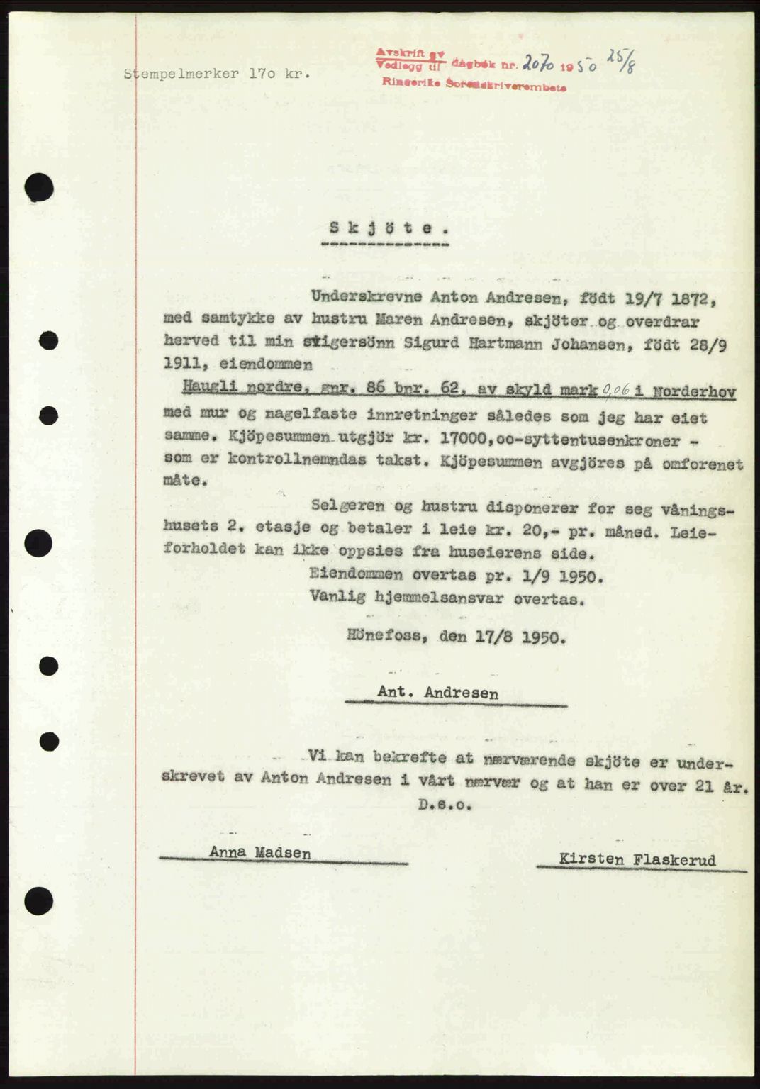 Ringerike sorenskriveri, AV/SAKO-A-105/G/Ga/Gab/L0093: Mortgage book no. A-24, 1950-1950, Diary no: : 2070/1950
