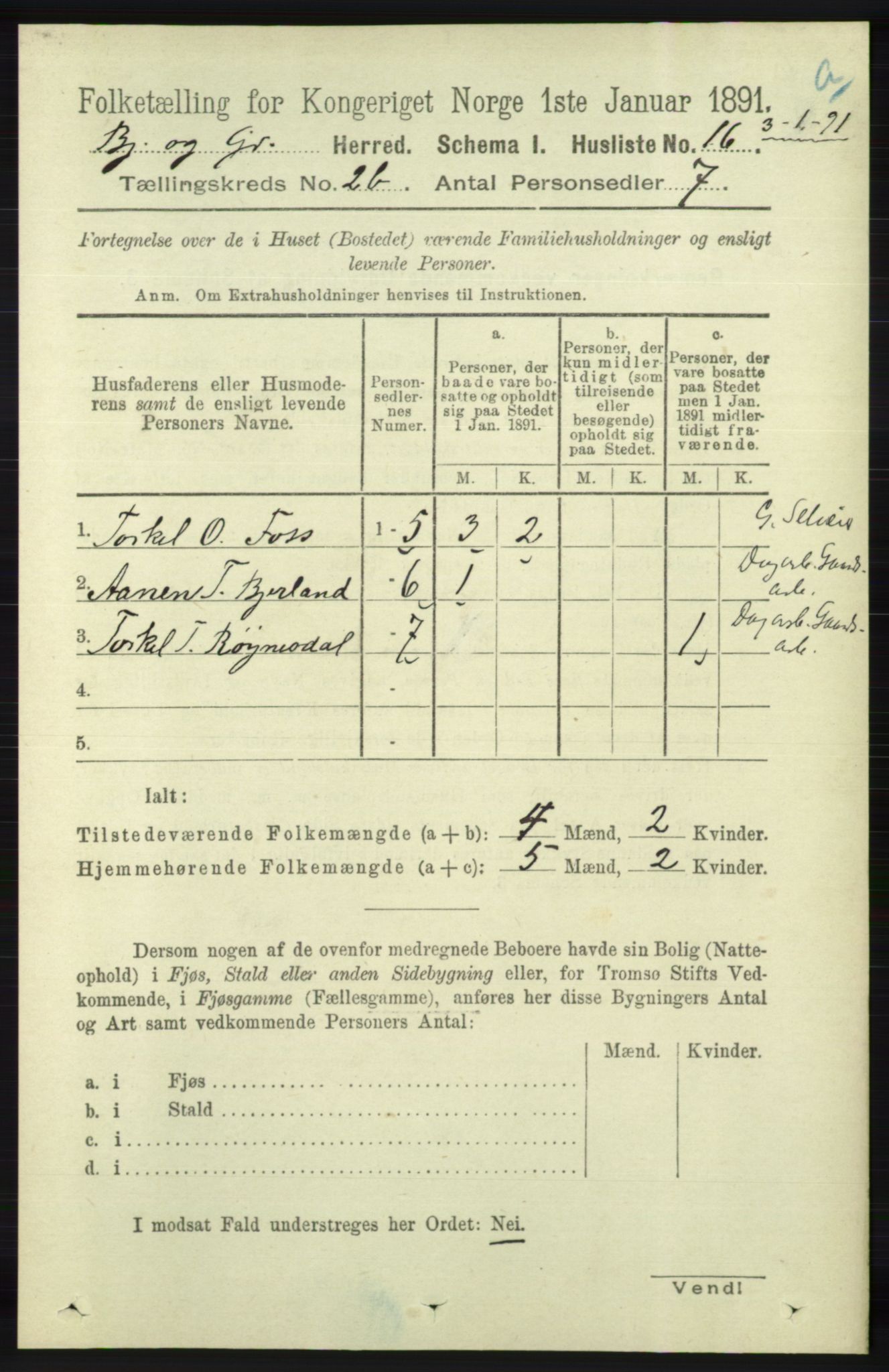 RA, 1891 census for 1024 Bjelland og Grindheim, 1891, p. 1092