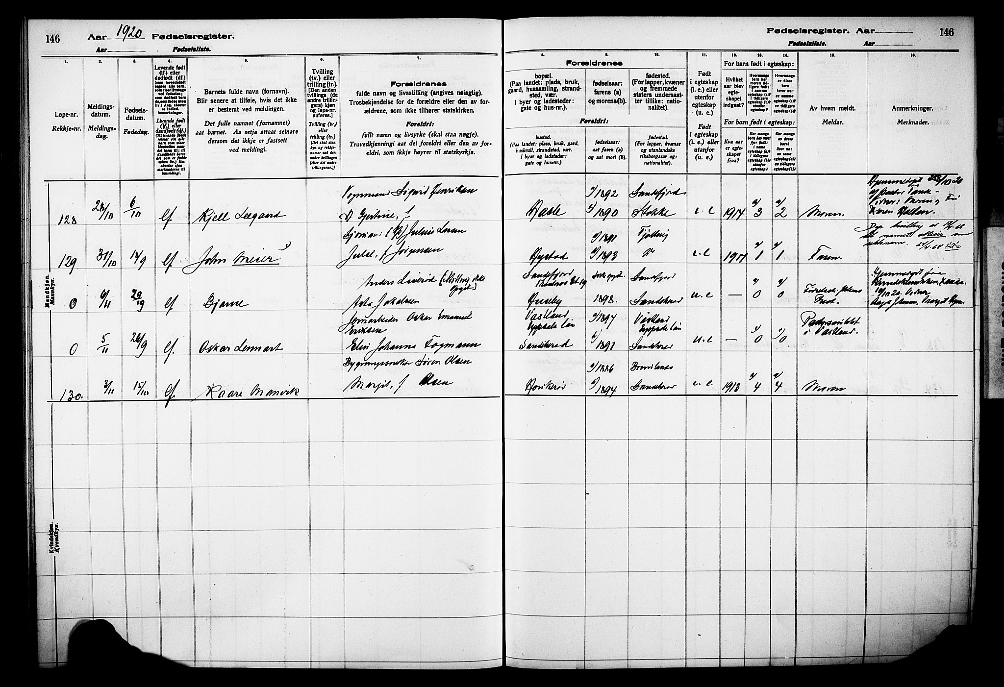 Sandar kirkebøker, AV/SAKO-A-243/J/Ja/L0001: Birth register no. 1, 1916-1922, p. 146