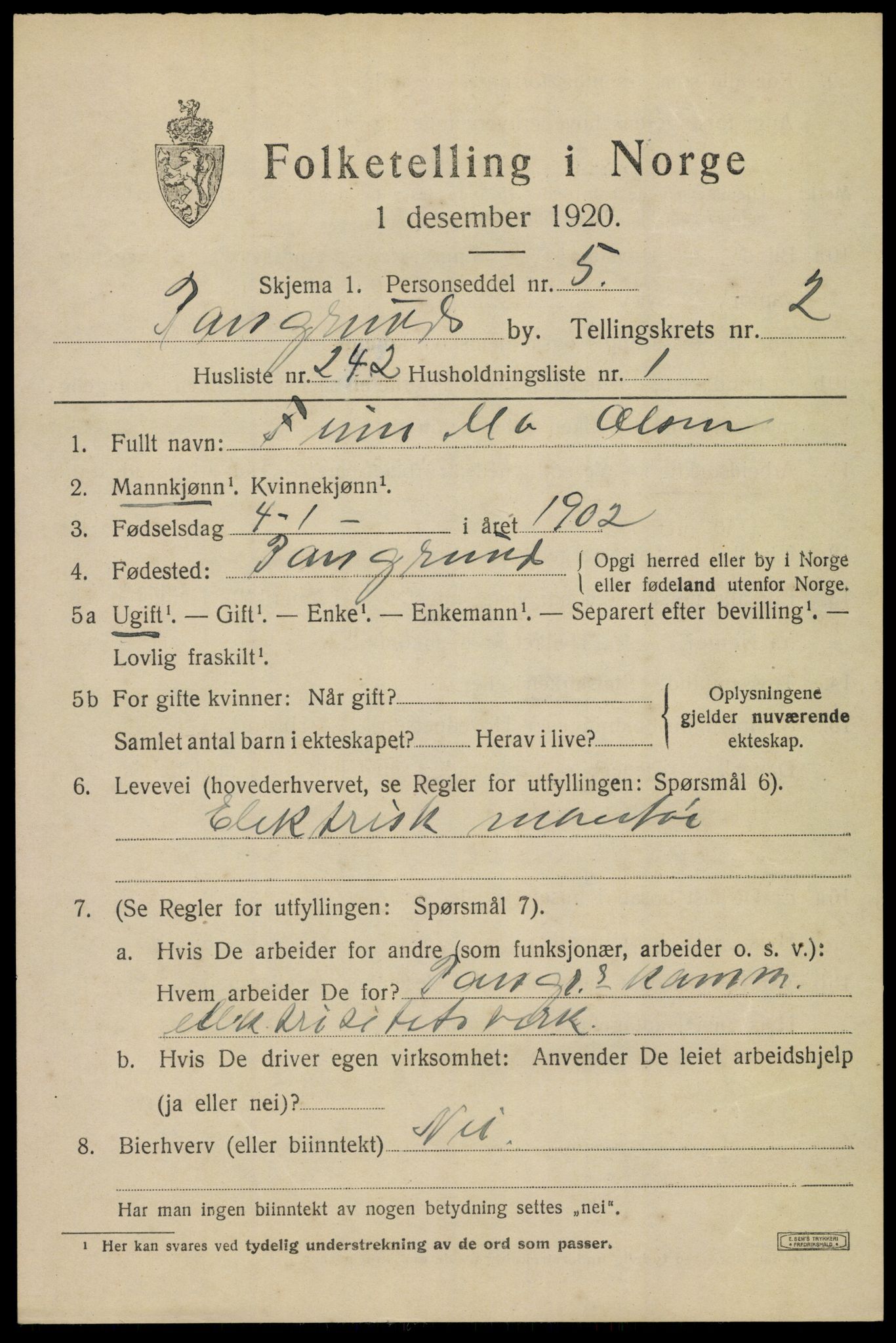 SAKO, 1920 census for Porsgrunn, 1920, p. 13641