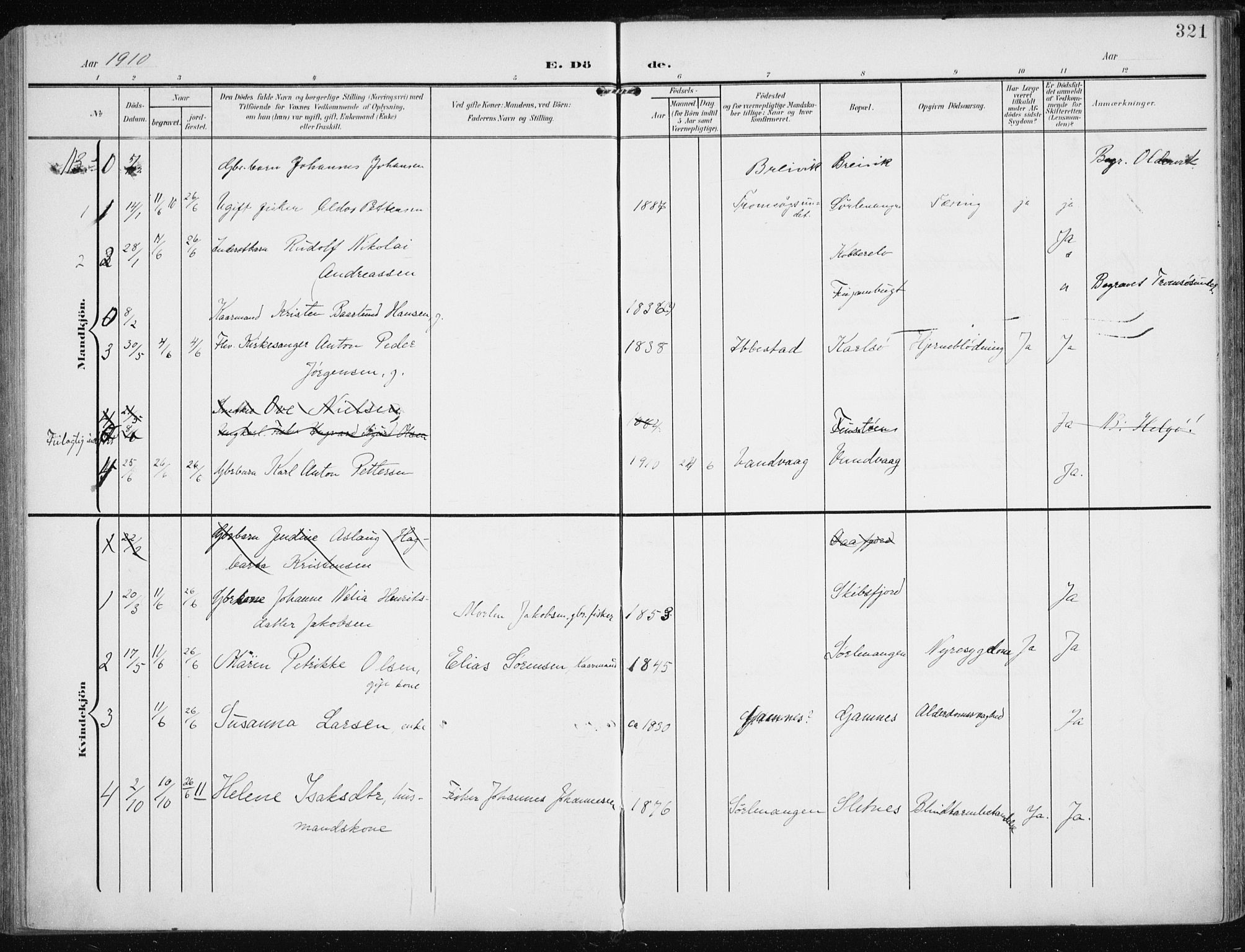 Karlsøy sokneprestembete, AV/SATØ-S-1299/H/Ha/Haa/L0014kirke: Parish register (official) no. 14, 1903-1917, p. 321