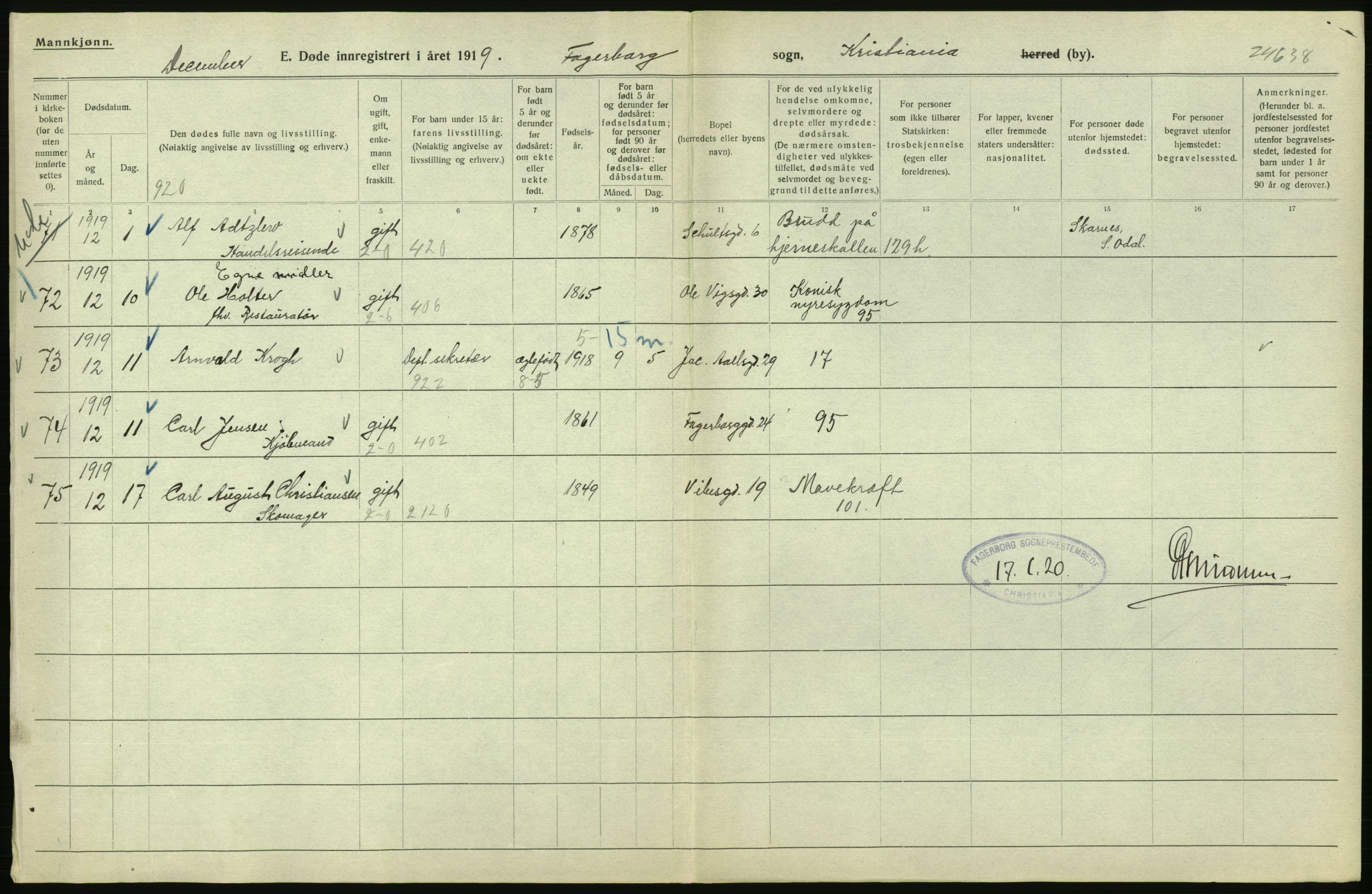 Statistisk sentralbyrå, Sosiodemografiske emner, Befolkning, RA/S-2228/D/Df/Dfb/Dfbi/L0011: Kristiania: Døde, dødfødte, 1919