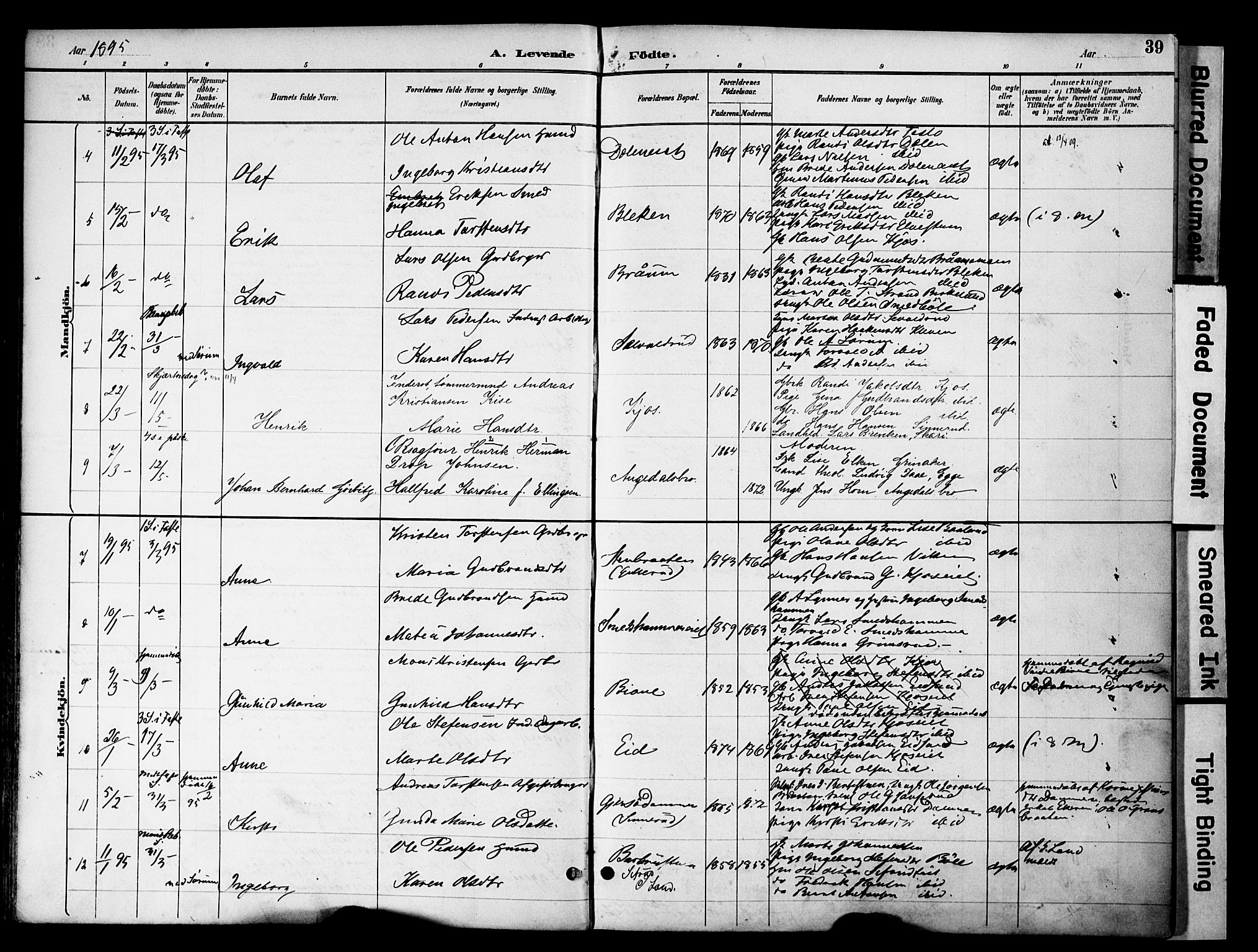 Gran prestekontor, SAH/PREST-112/H/Ha/Haa/L0020: Parish register (official) no. 20, 1889-1899, p. 39