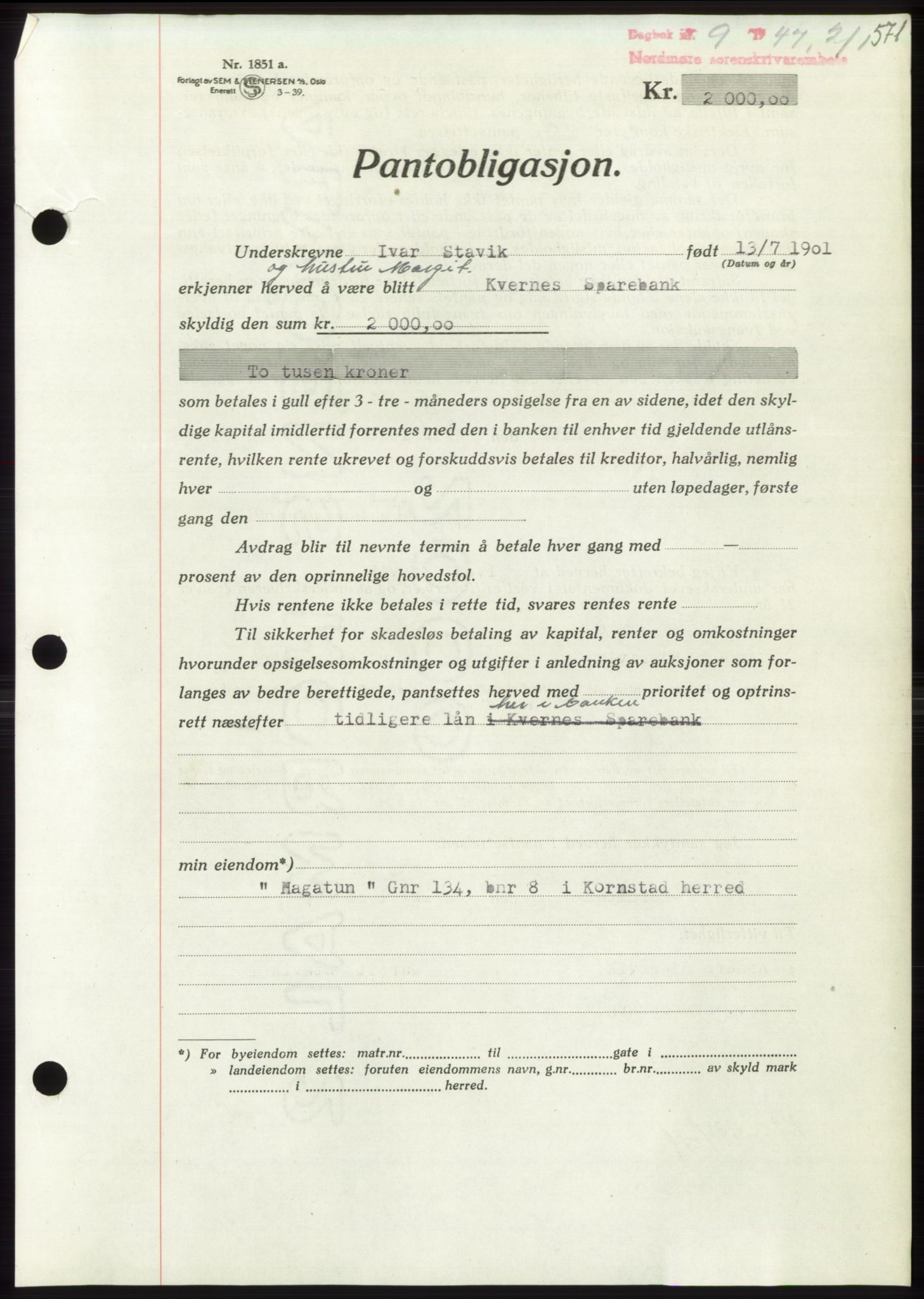 Nordmøre sorenskriveri, AV/SAT-A-4132/1/2/2Ca: Mortgage book no. B95, 1946-1947, Diary no: : 9/1947