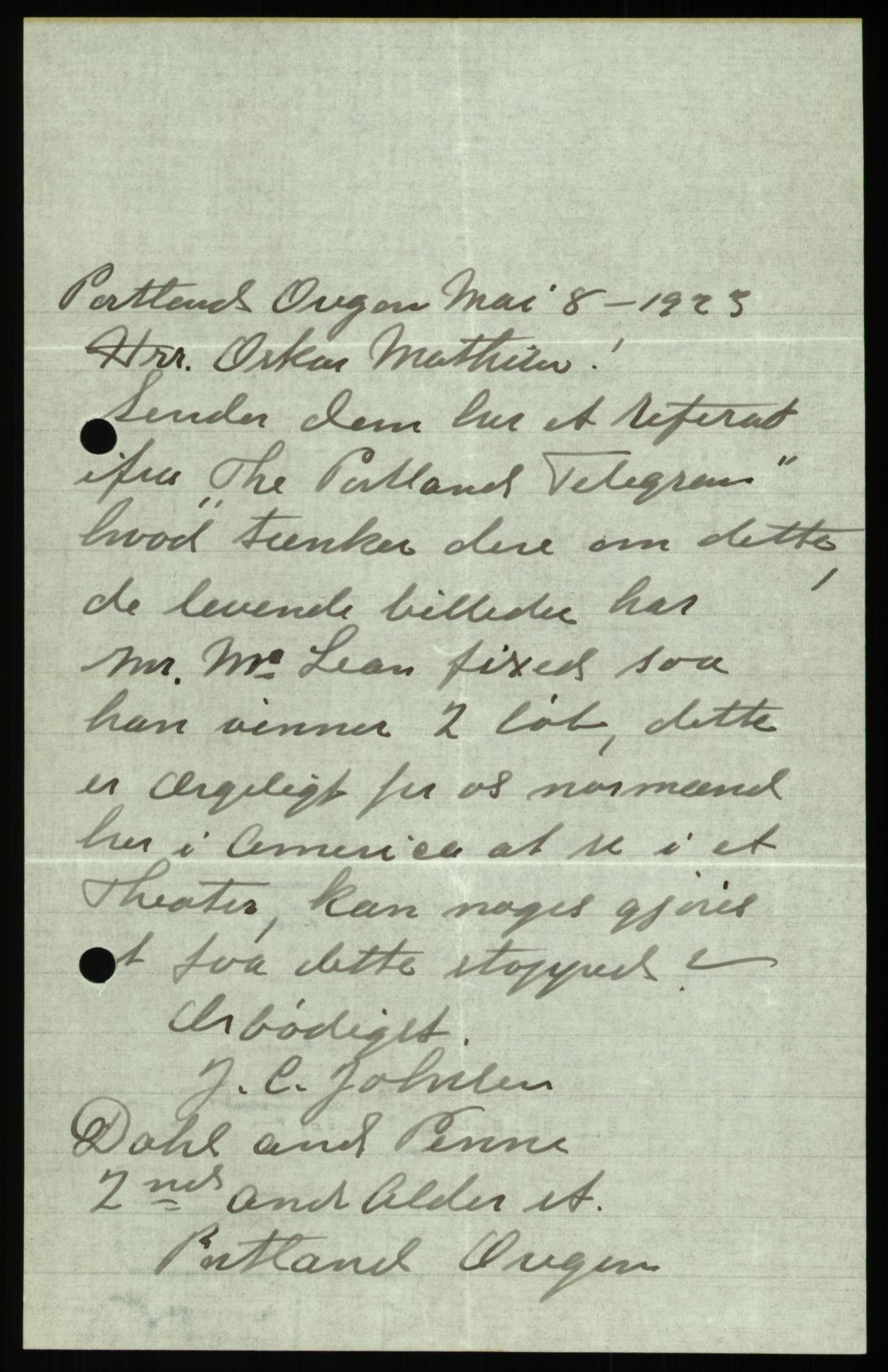 Mathisen, Oscar Wilhelm, AV/RA-PA-1912/Fa/L0001: Inngående korrespondanse, 1916-1954, p. 39