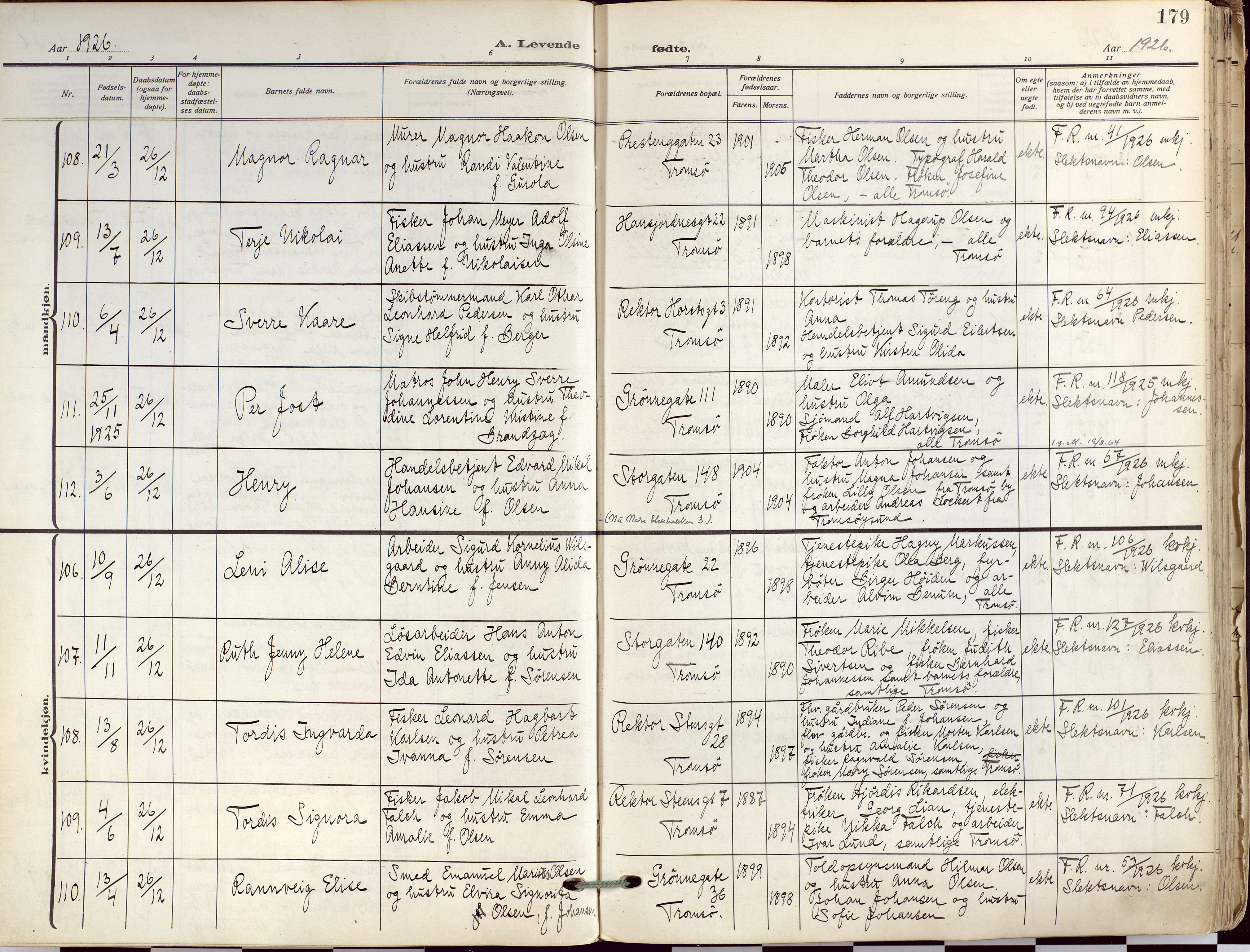 Tromsø sokneprestkontor/stiftsprosti/domprosti, AV/SATØ-S-1343/G/Ga/L0019kirke: Parish register (official) no. 19, 1917-1927, p. 179