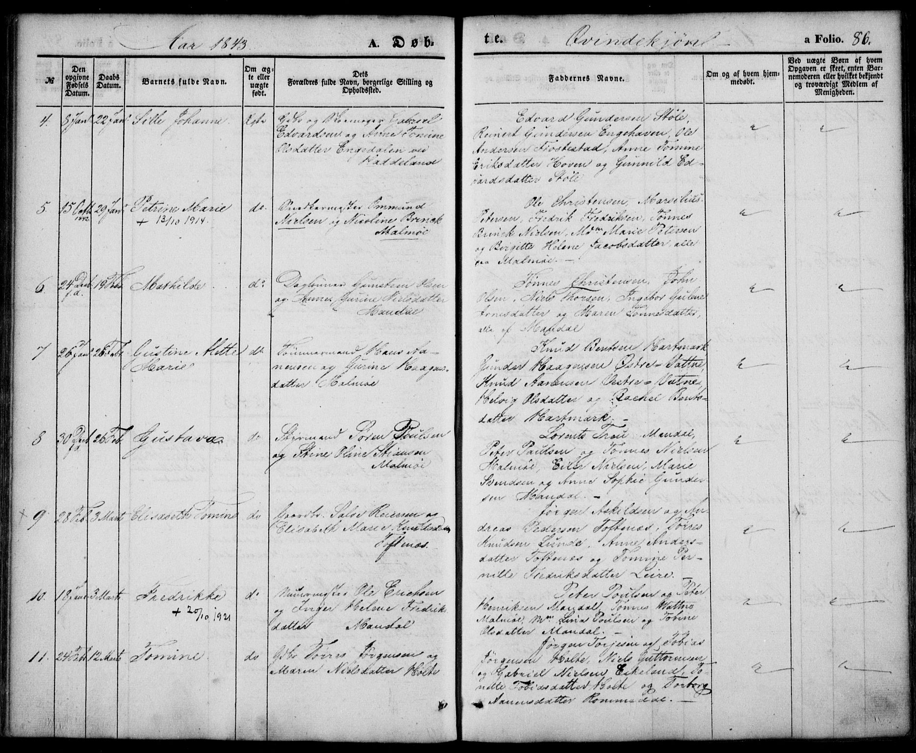 Mandal sokneprestkontor, SAK/1111-0030/F/Fa/Faa/L0012: Parish register (official) no. A 12, 1840-1847, p. 86