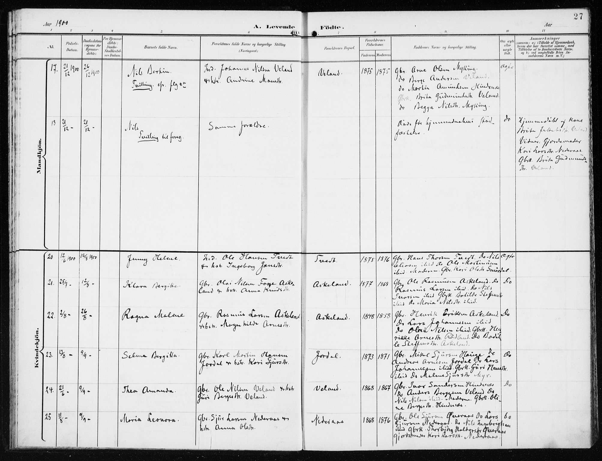 Lindås Sokneprestembete, AV/SAB-A-76701/H/Haa/Haaf/L0002: Parish register (official) no. F  2, 1897-1909, p. 27