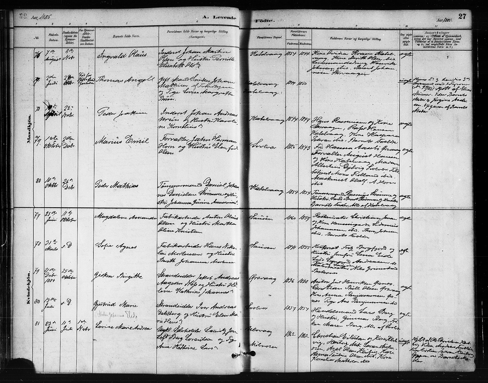 Ministerialprotokoller, klokkerbøker og fødselsregistre - Nordland, AV/SAT-A-1459/874/L1059: Parish register (official) no. 874A03, 1884-1890, p. 27