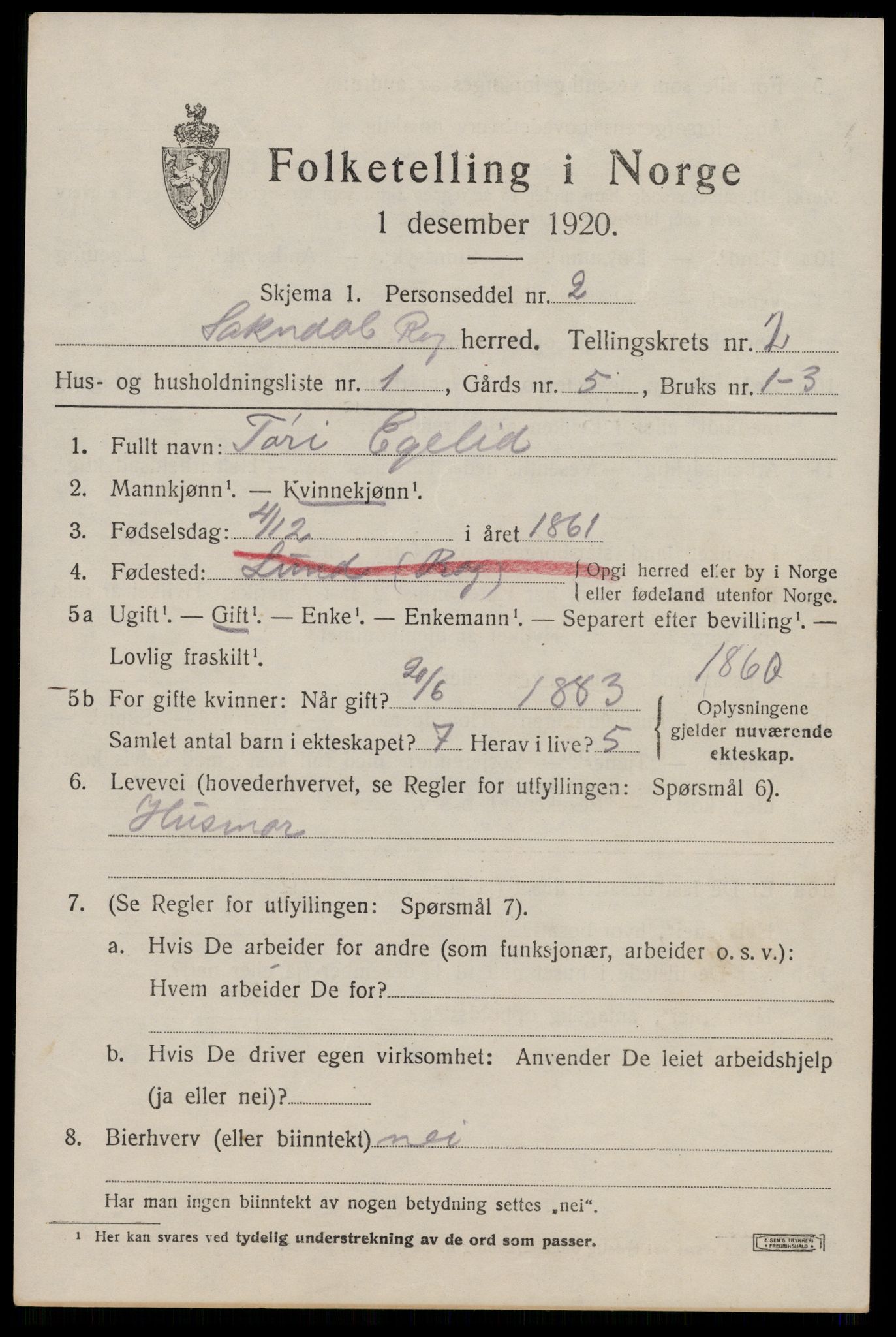 SAST, 1920 census for Sokndal, 1920, p. 1703