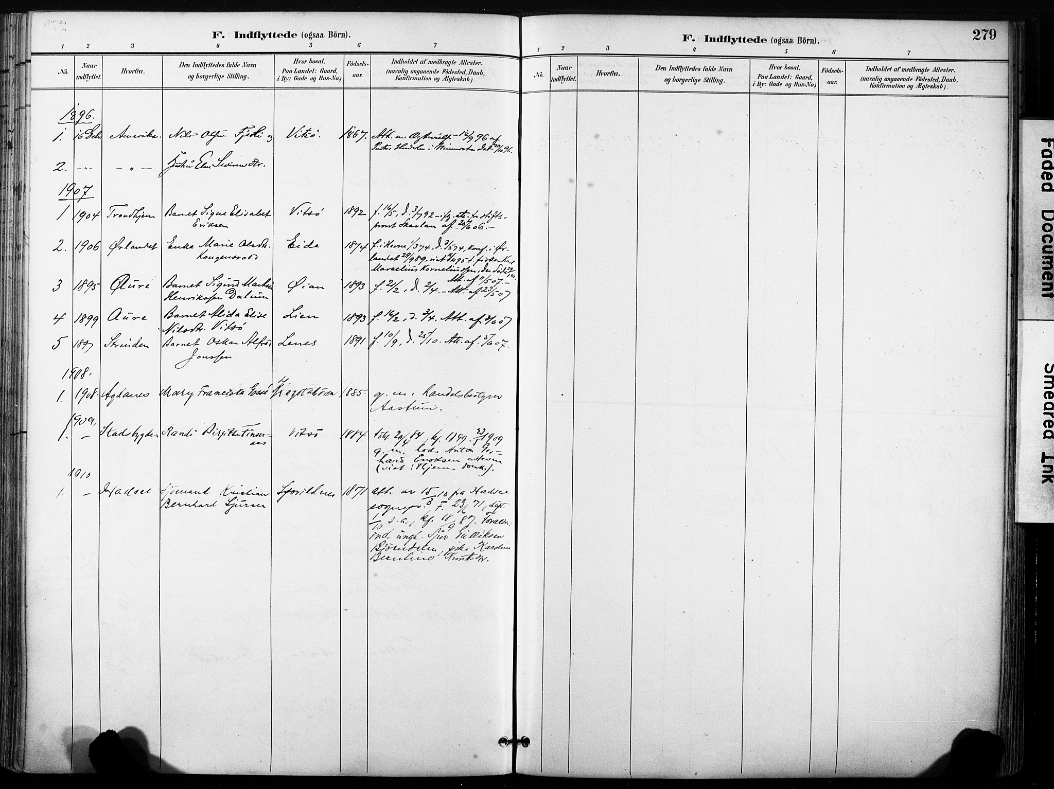 Ministerialprotokoller, klokkerbøker og fødselsregistre - Sør-Trøndelag, AV/SAT-A-1456/630/L0497: Parish register (official) no. 630A10, 1896-1910, p. 279