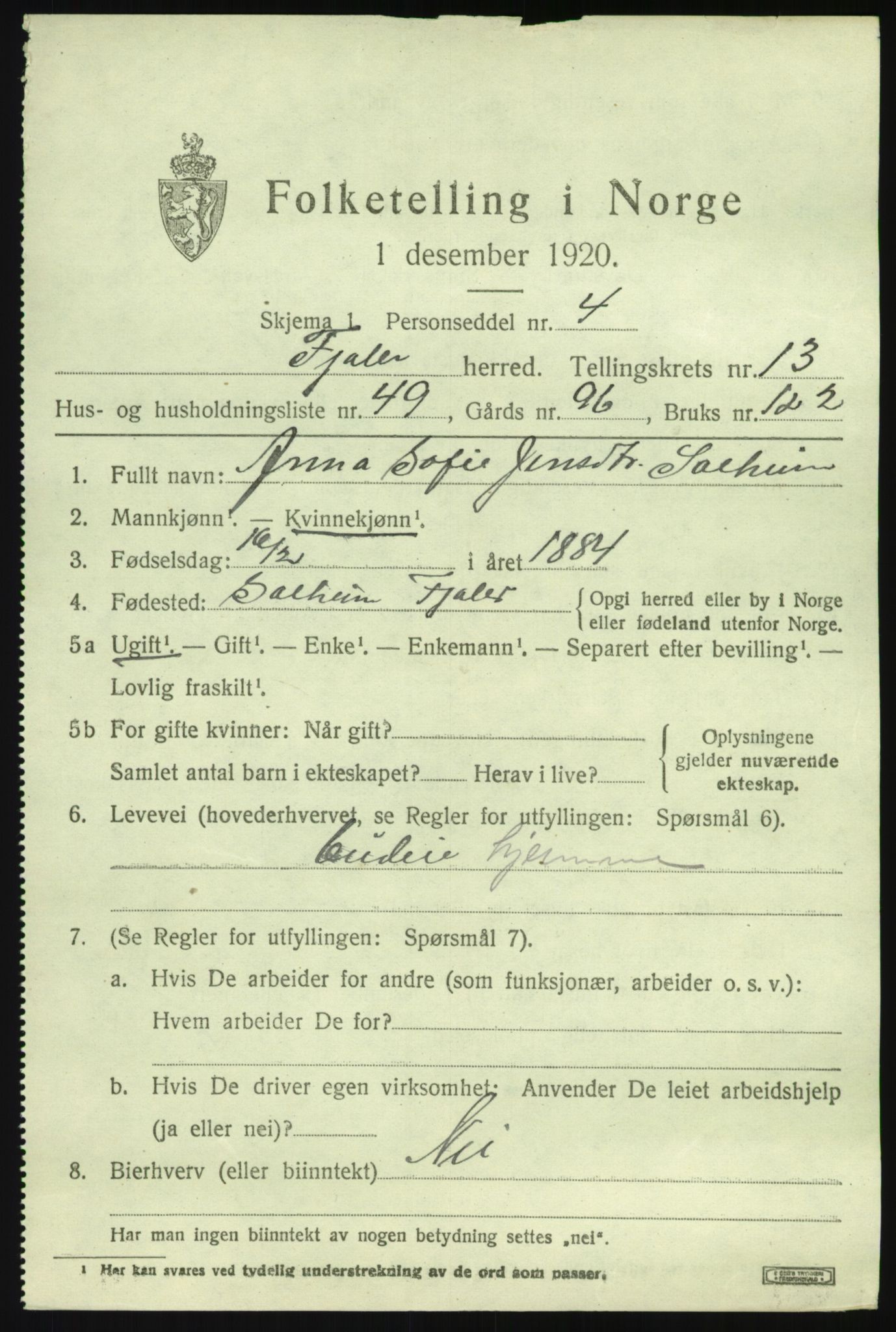 SAB, 1920 census for Fjaler, 1920, p. 7815