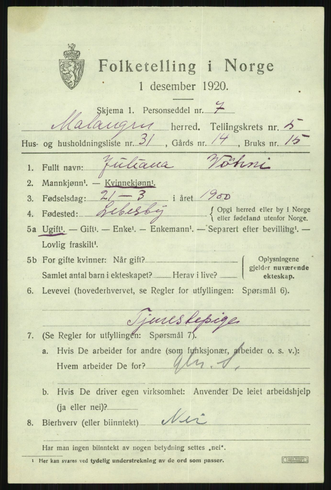 SATØ, 1920 census for Malangen, 1920, p. 2287