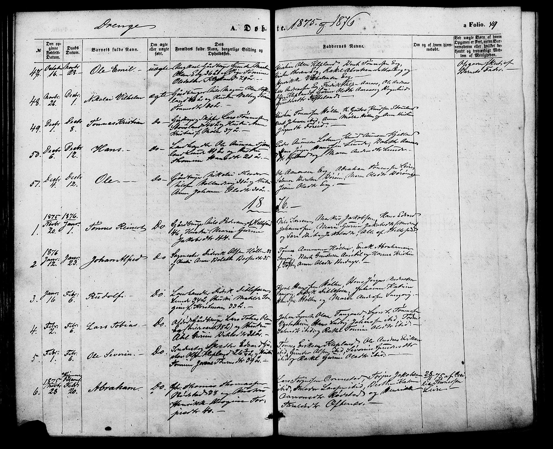 Søgne sokneprestkontor, SAK/1111-0037/F/Fa/Fab/L0011: Parish register (official) no. A 11, 1869-1879, p. 49