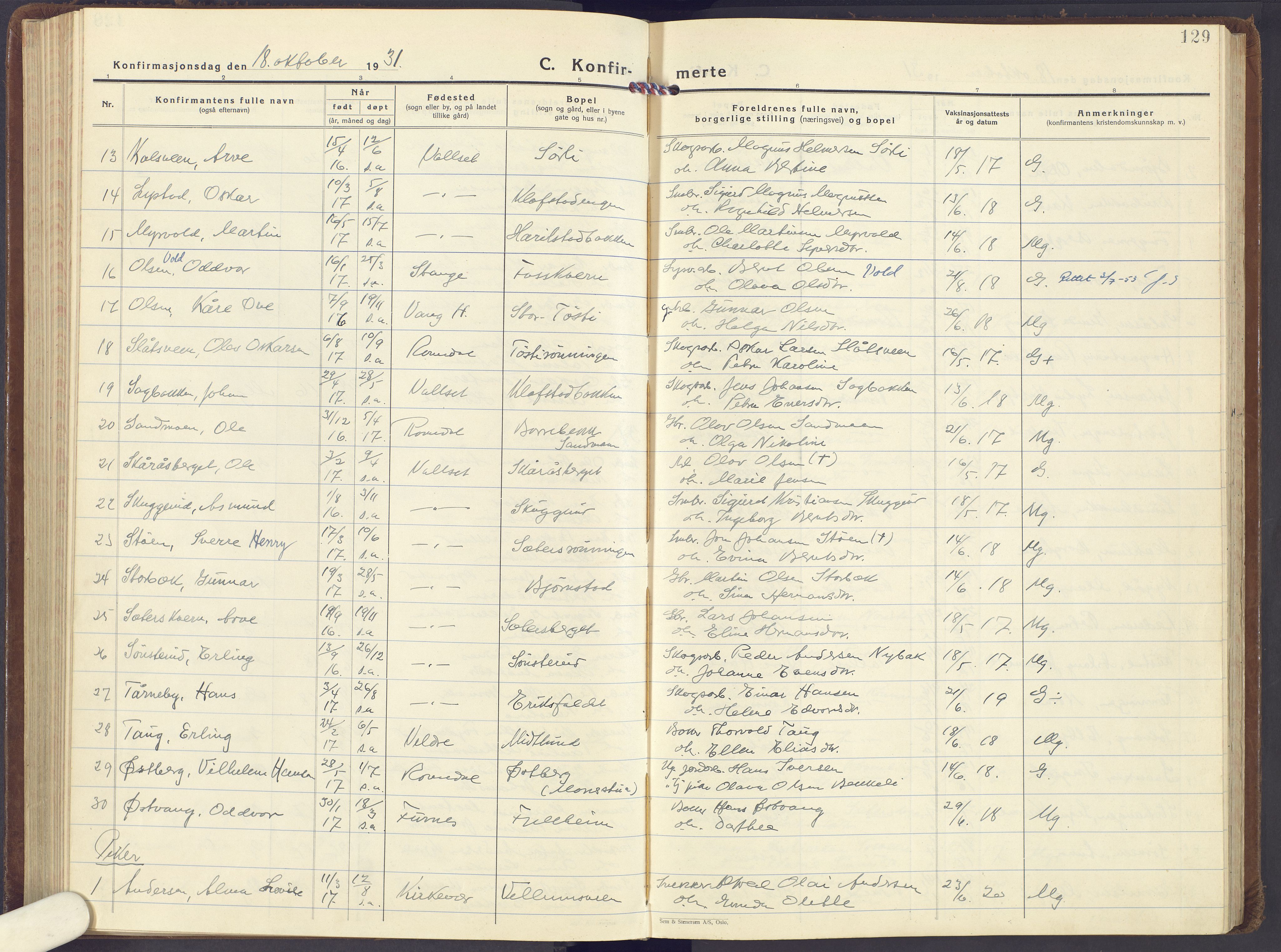 Romedal prestekontor, SAH/PREST-004/K/L0013: Parish register (official) no. 13, 1930-1949, p. 129