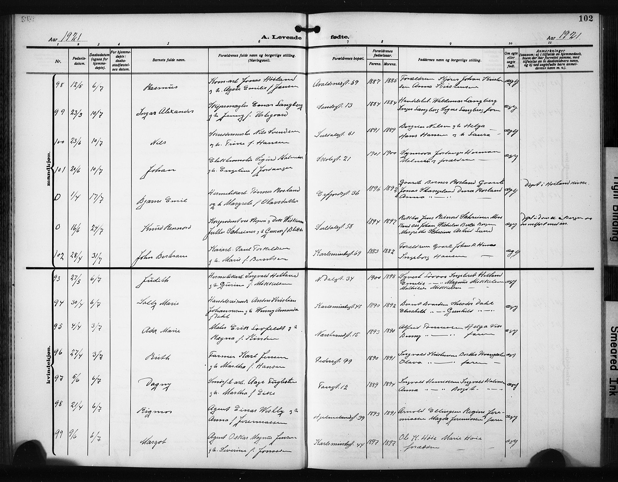 St. Johannes sokneprestkontor, AV/SAST-A-101814/001/30/30BB/L0008: Parish register (copy) no. B 8, 1918-1929, p. 102