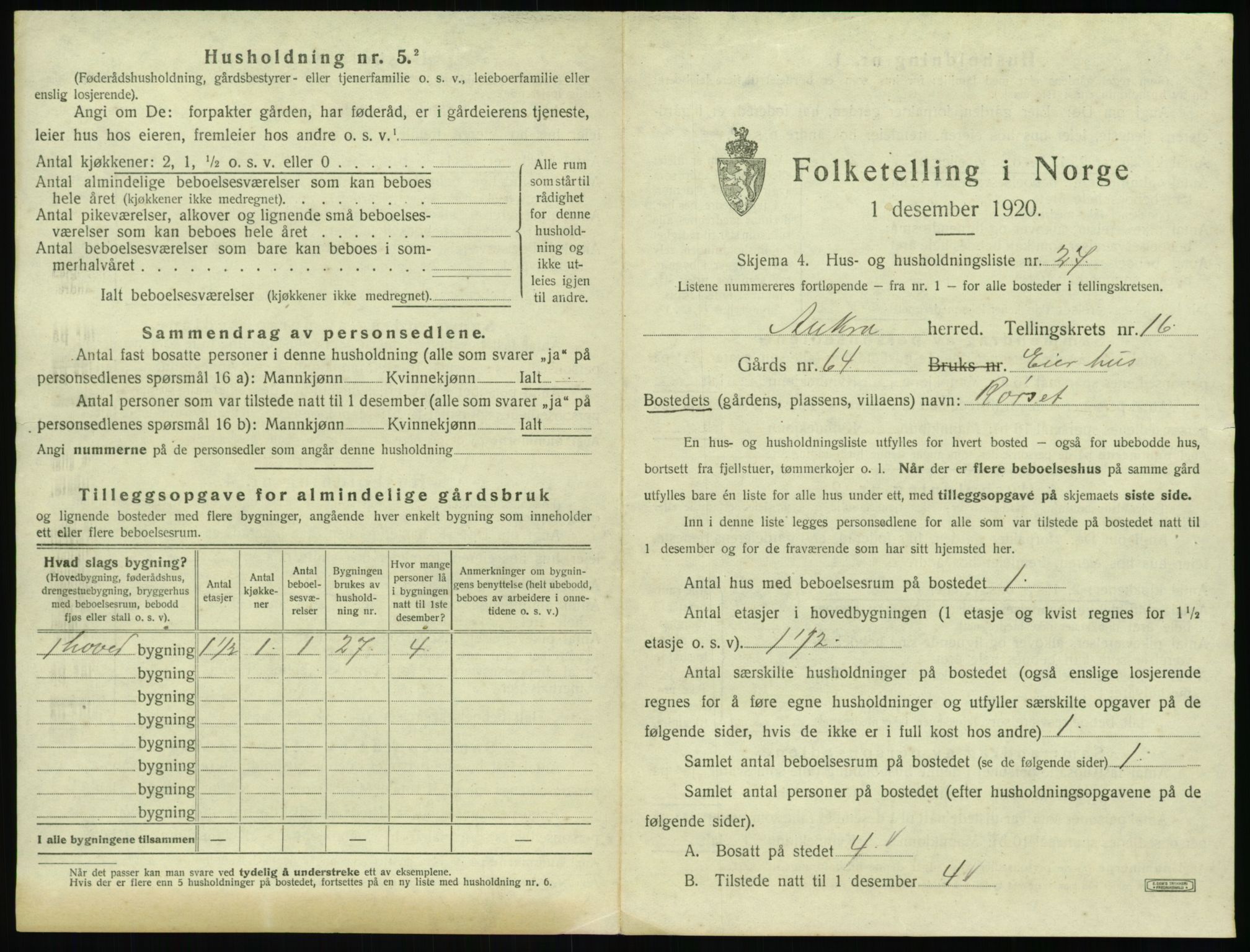 SAT, 1920 census for Aukra, 1920, p. 1001