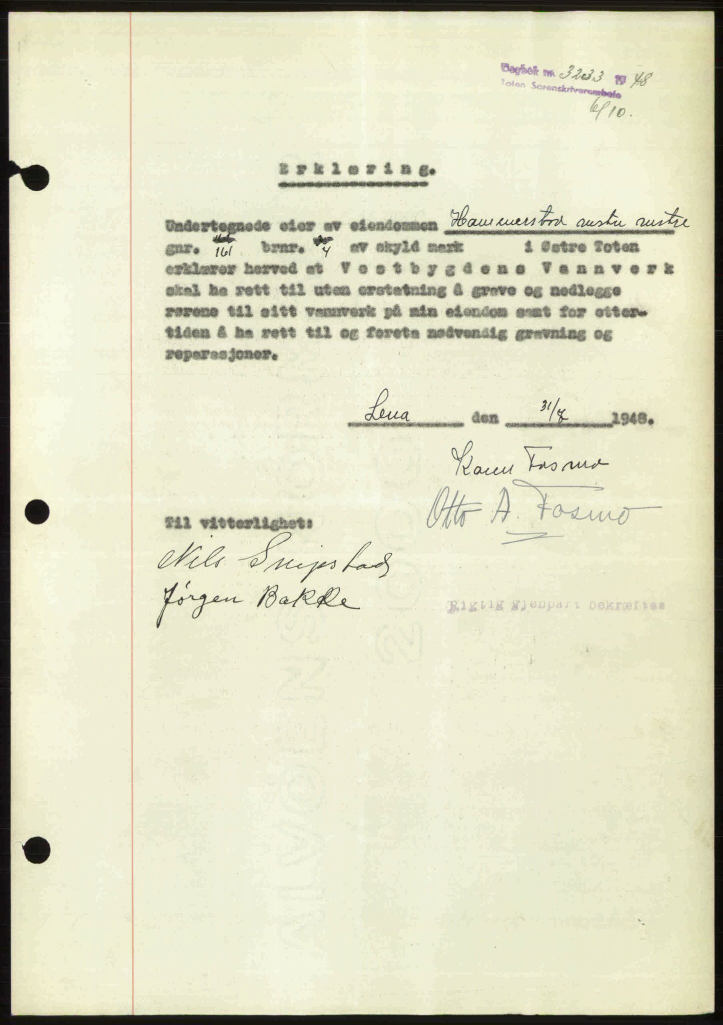 Toten tingrett, SAH/TING-006/H/Hb/Hbc/L0020: Mortgage book no. Hbc-20, 1948-1948, Diary no: : 3233/1948