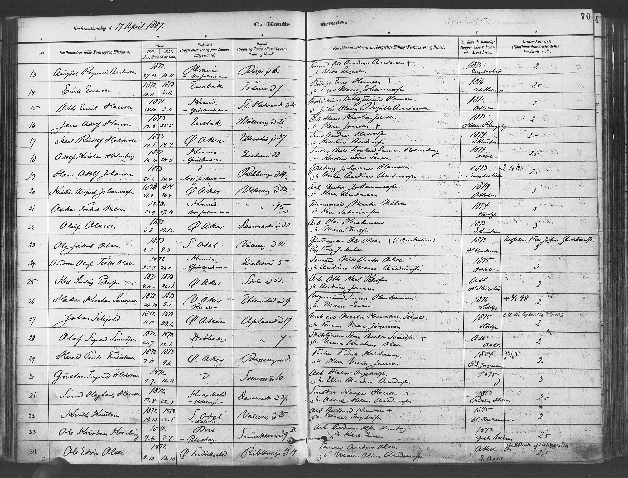 Gamlebyen prestekontor Kirkebøker, SAO/A-10884/F/Fa/L0006: Parish register (official) no. 6, 1881-1890, p. 70