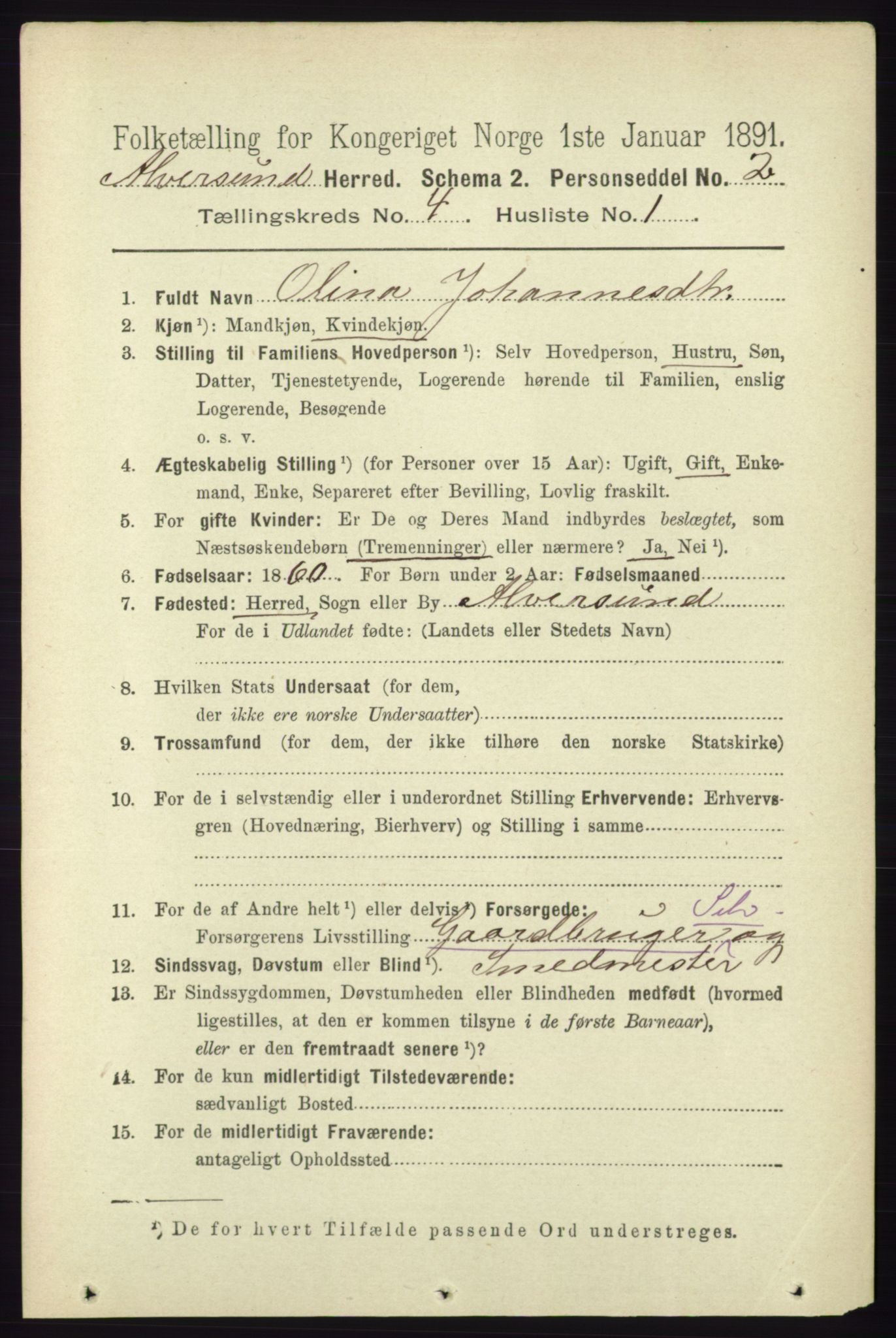 RA, 1891 census for 1257 Alversund, 1891, p. 1632