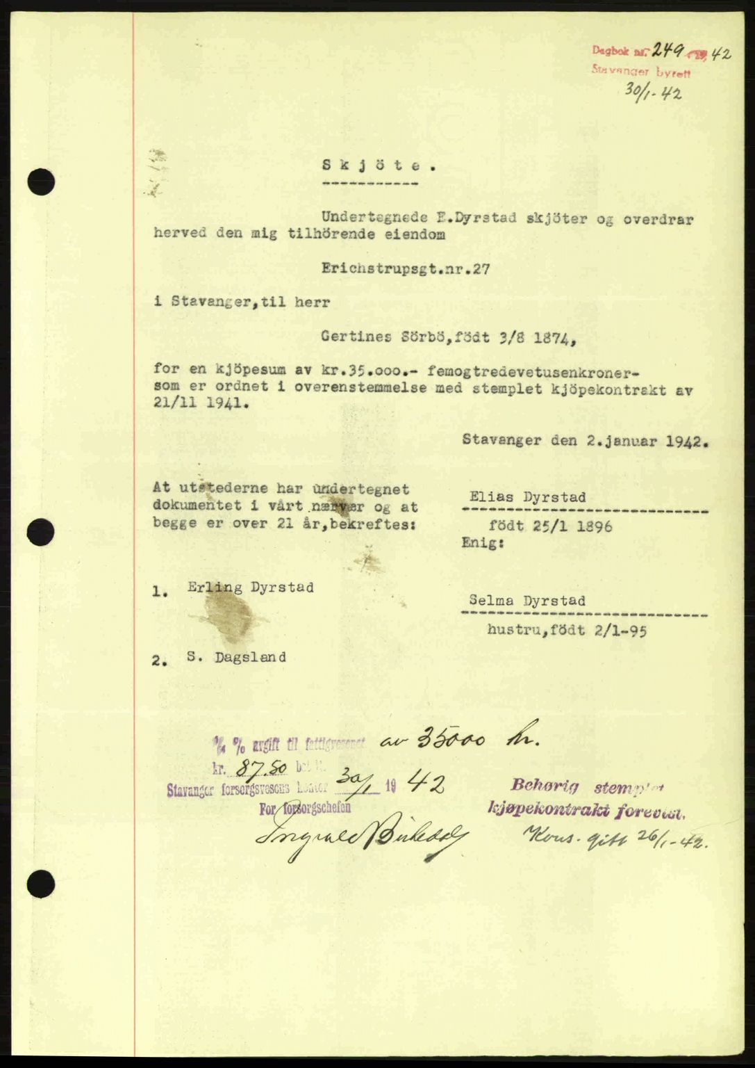 Stavanger byrett, SAST/A-100455/002/G/Gb/L0017: Mortgage book no. A7, 1941-1943, Diary no: : 249/1942