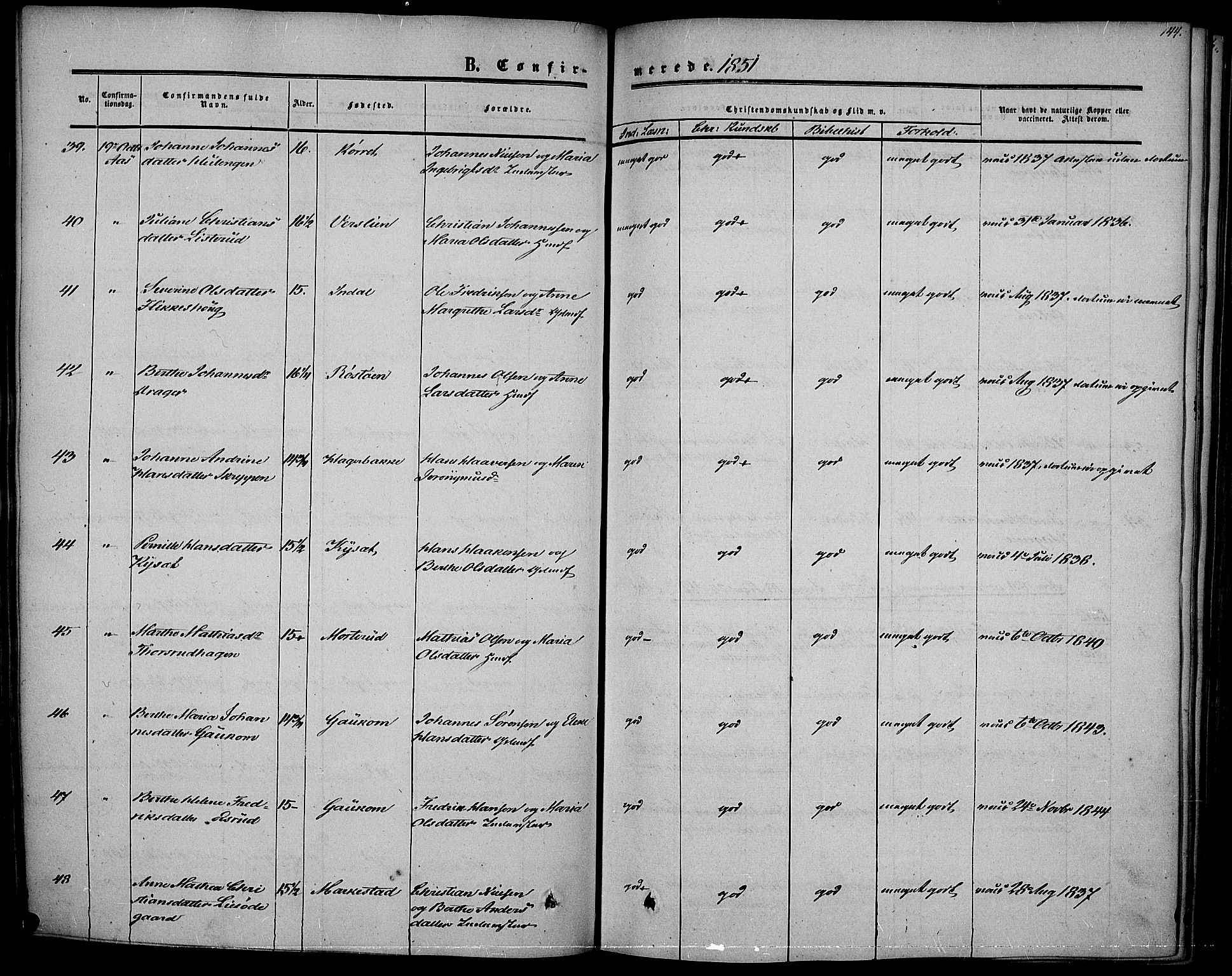 Vestre Toten prestekontor, SAH/PREST-108/H/Ha/Haa/L0005: Parish register (official) no. 5, 1850-1855, p. 144