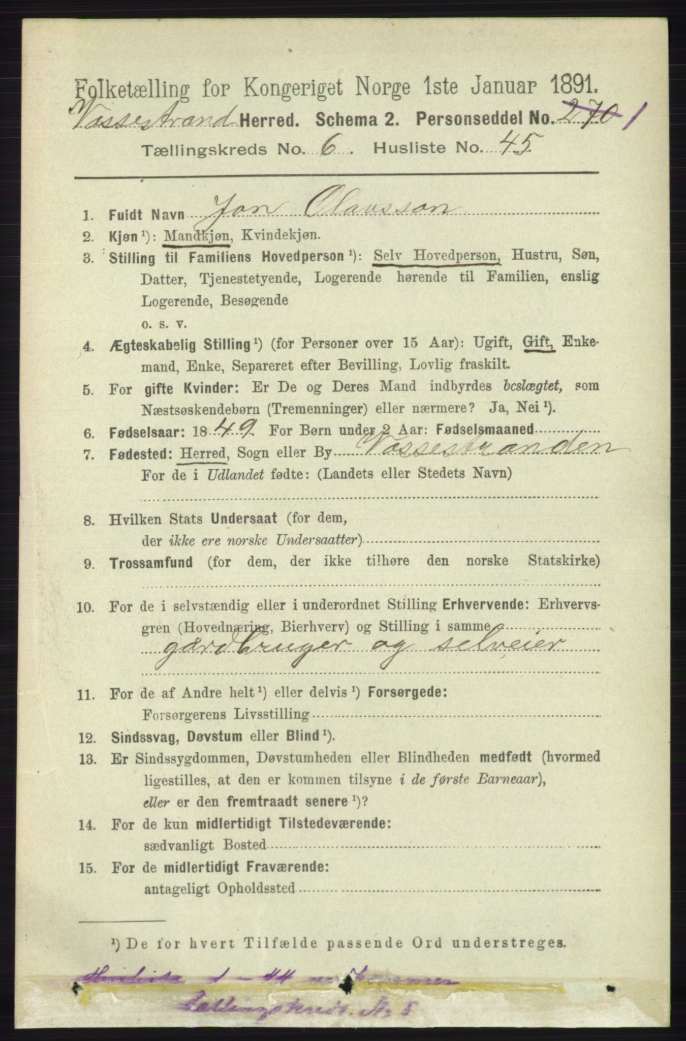 RA, 1891 census for 1236 Vossestrand, 1891, p. 2192