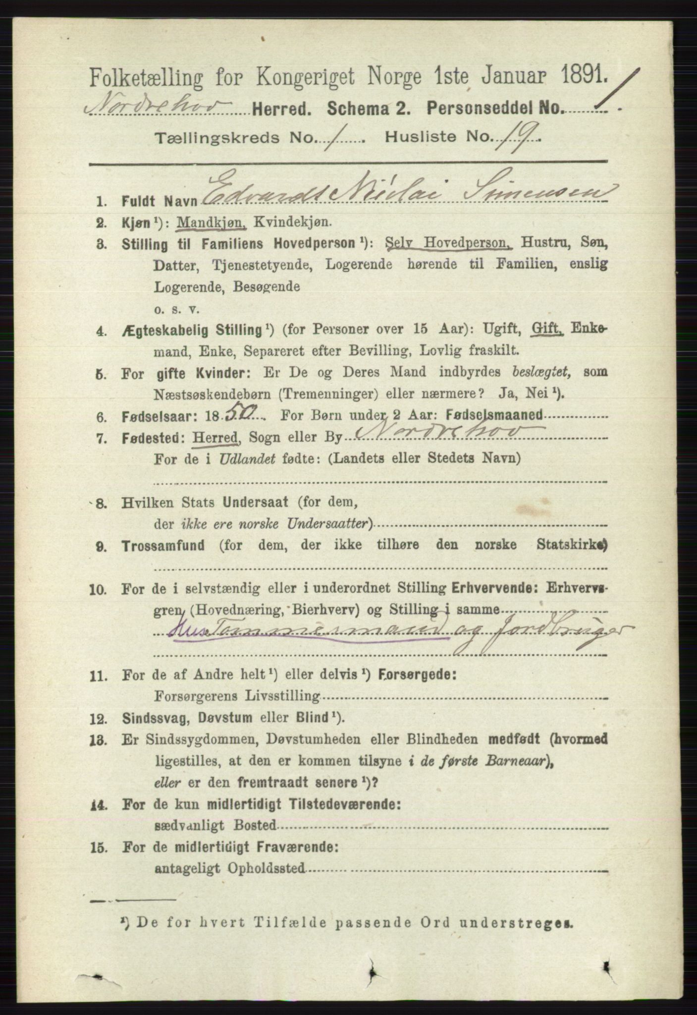 RA, 1891 census for 0613 Norderhov, 1891, p. 220