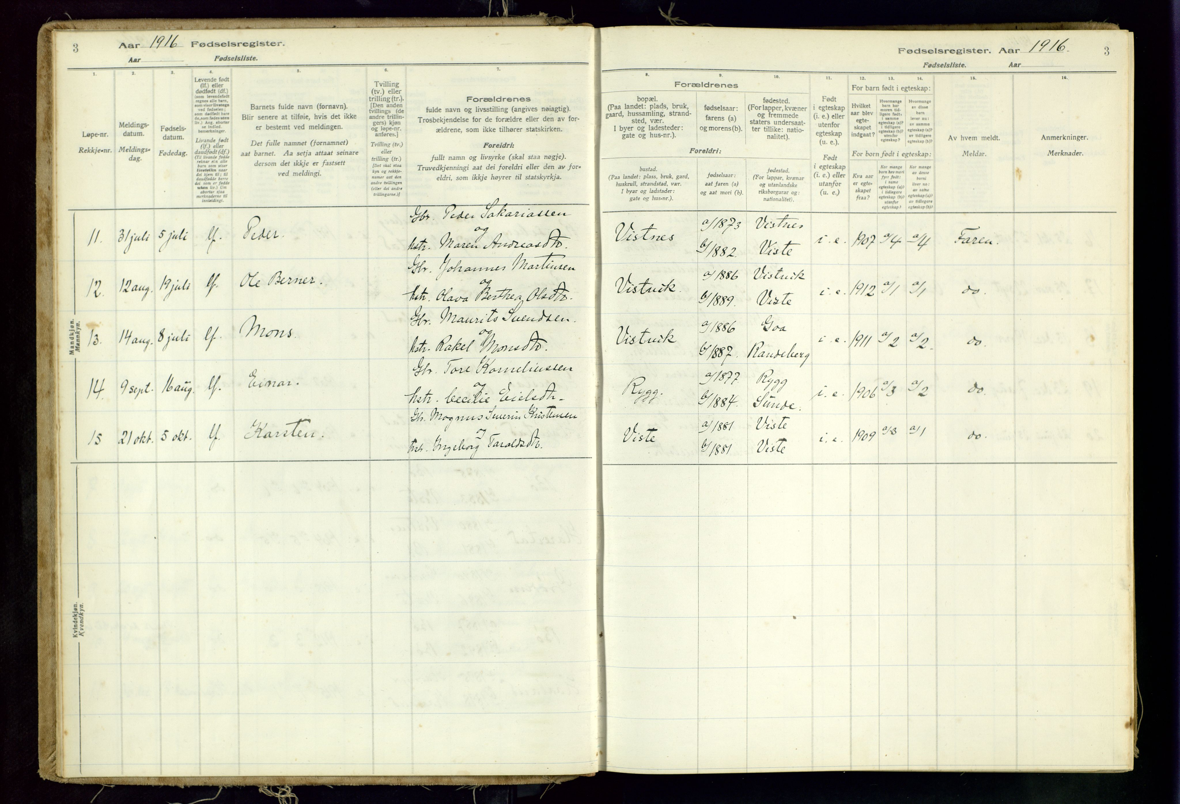 Hetland sokneprestkontor, AV/SAST-A-101826/70/704BA/L0001: Birth register no. 1, 1916-1954, p. 3