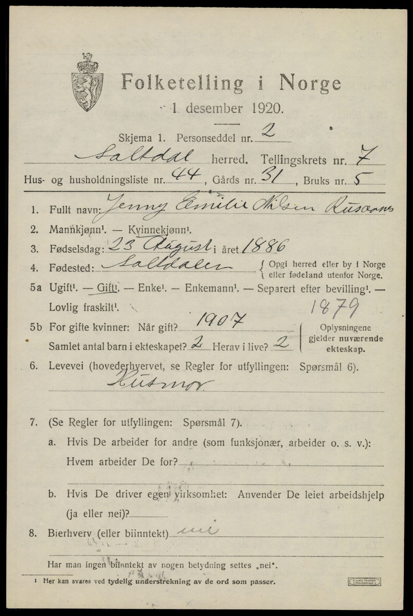 SAT, 1920 census for Saltdal, 1920, p. 8447