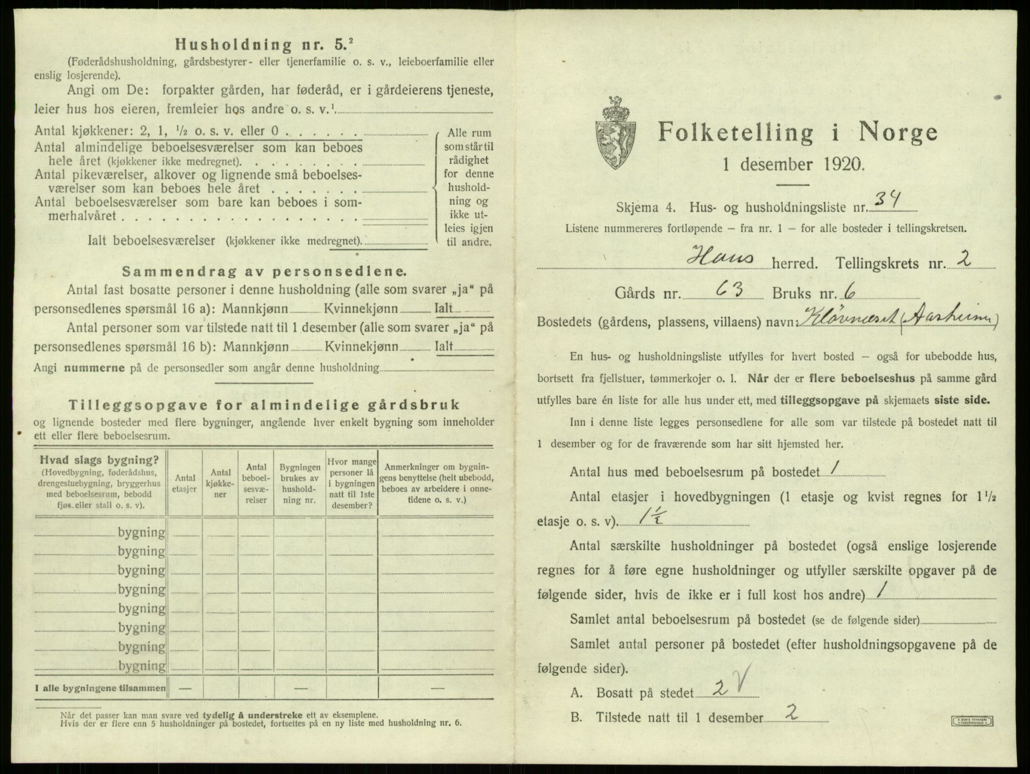 SAB, 1920 census for Haus, 1920, p. 184