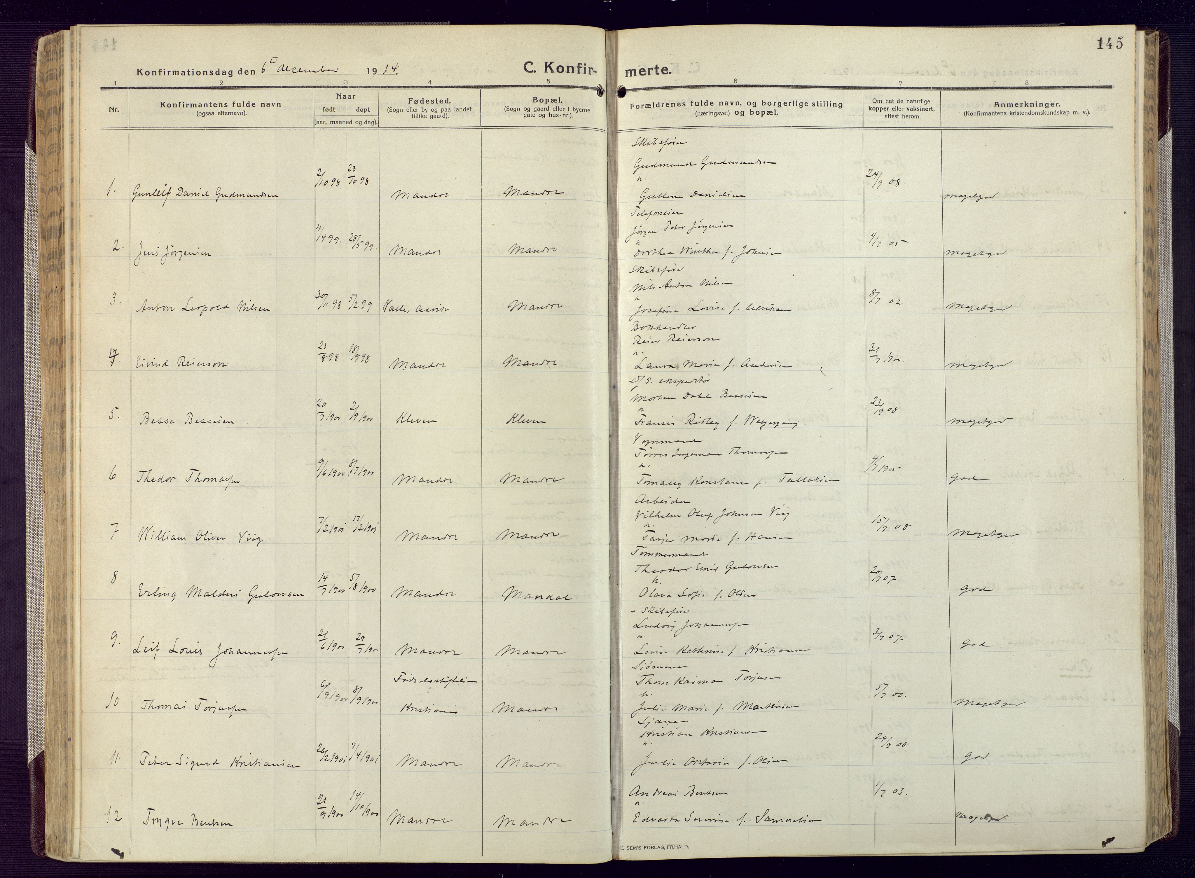 Mandal sokneprestkontor, AV/SAK-1111-0030/F/Fa/Fac/L0001: Parish register (official) no. A 1, 1913-1925, p. 145