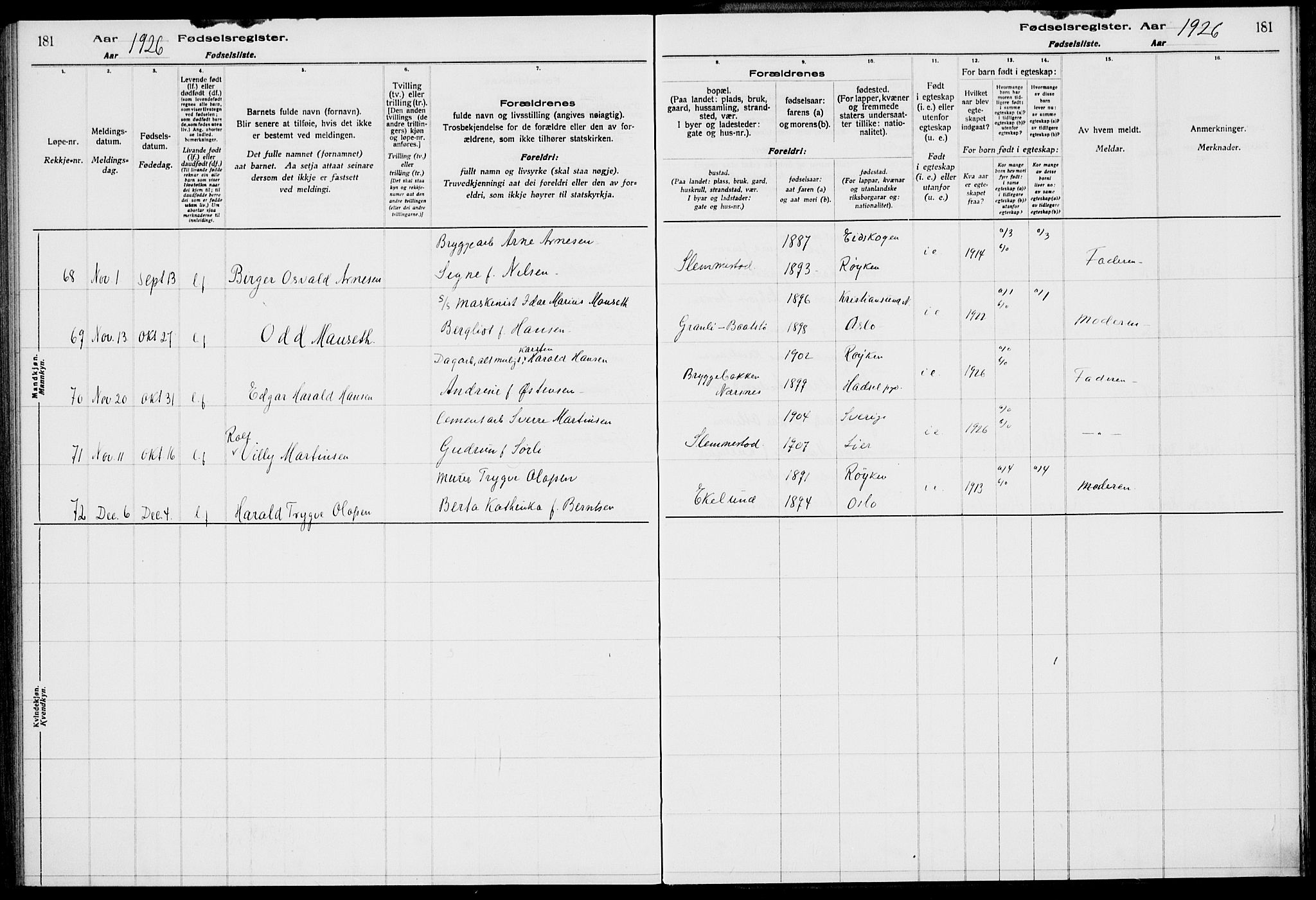 Røyken kirkebøker, AV/SAKO-A-241/J/Ja/L0001: Birth register no. 1, 1916-1927, p. 181