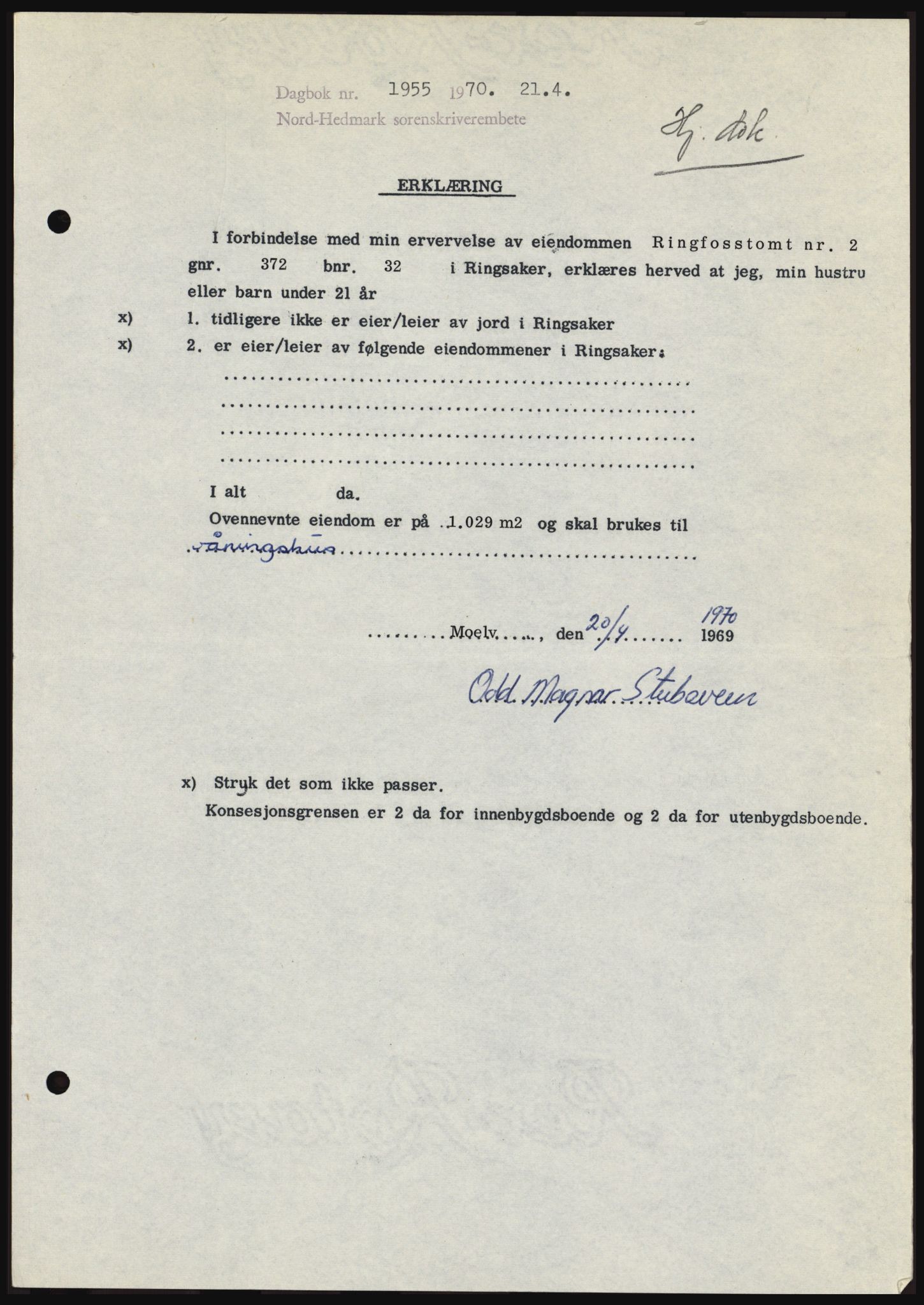 Nord-Hedmark sorenskriveri, SAH/TING-012/H/Hc/L0033: Mortgage book no. 33, 1970-1970, Diary no: : 1955/1970