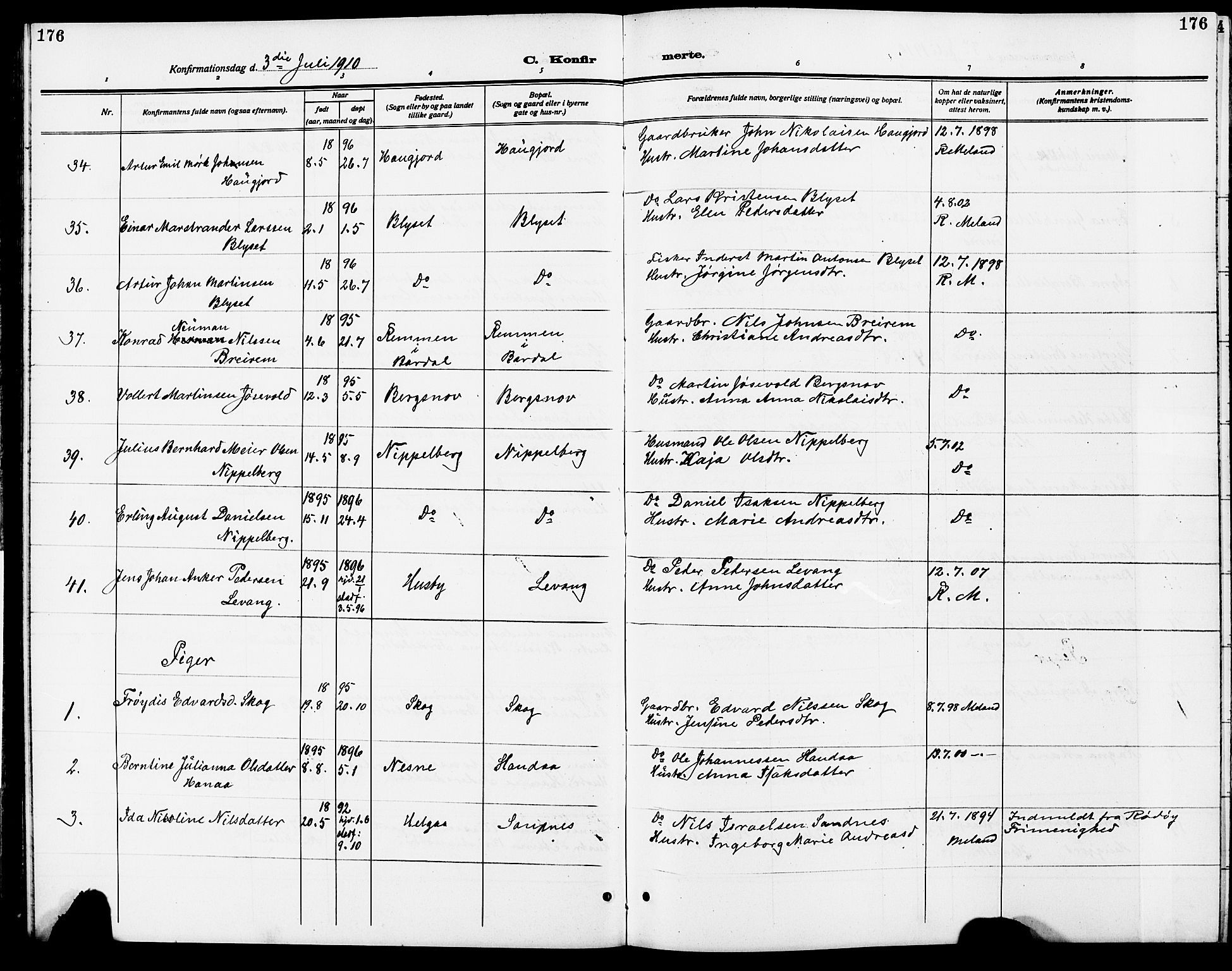 Ministerialprotokoller, klokkerbøker og fødselsregistre - Nordland, AV/SAT-A-1459/838/L0560: Parish register (copy) no. 838C07, 1910-1928, p. 176