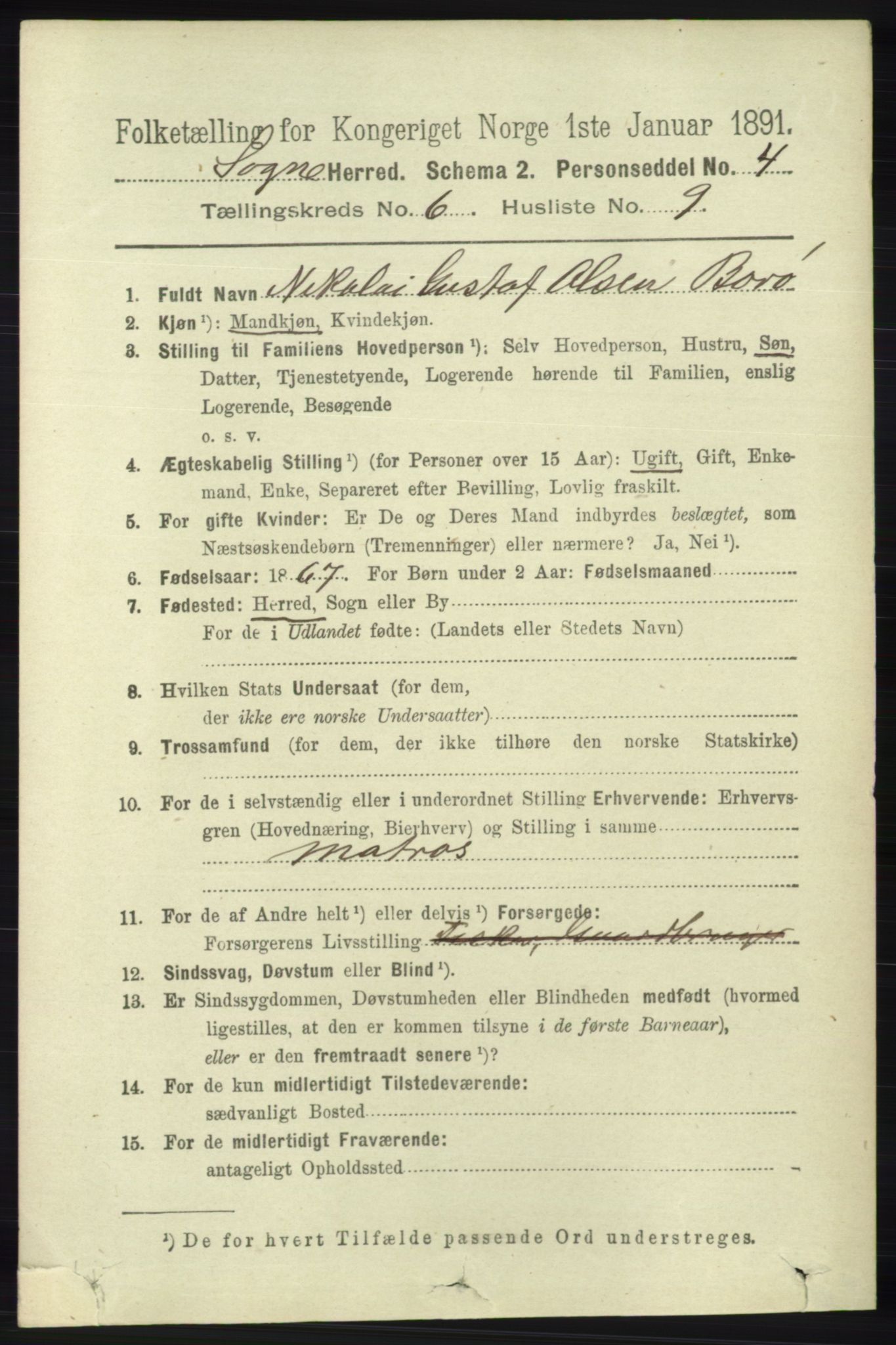 RA, 1891 census for 1018 Søgne, 1891, p. 1421