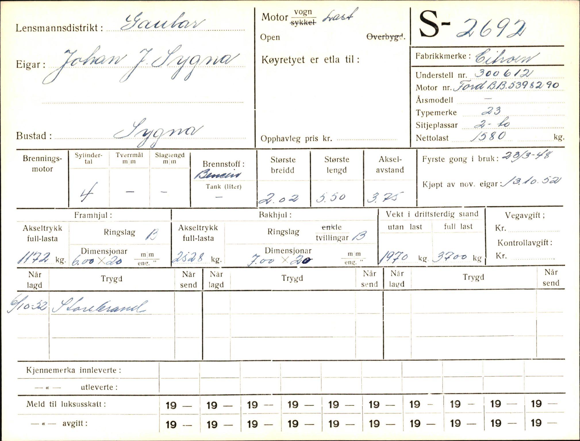 Statens vegvesen, Sogn og Fjordane vegkontor, AV/SAB-A-5301/4/F/L0004: Registerkort utmeldte Fjordane S2500-2700, S7200-7899, 1930-1961, p. 247
